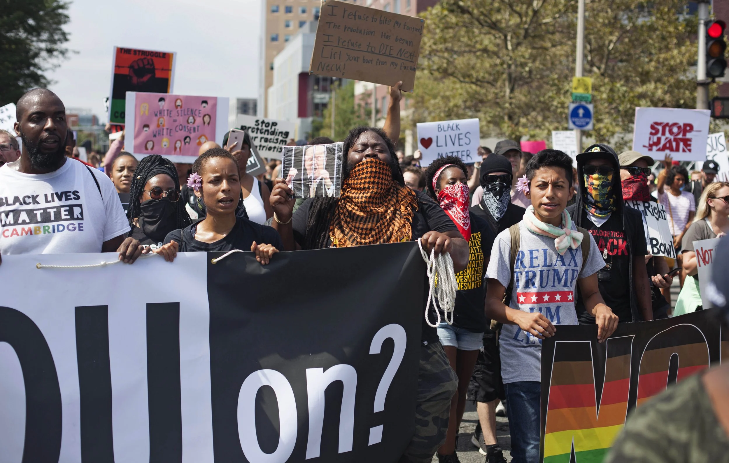  Counter protesters march down Tremont Street towards the Boston Common, where the Free Speech Rally was being held. (Shay Horse/GroundTruth) 