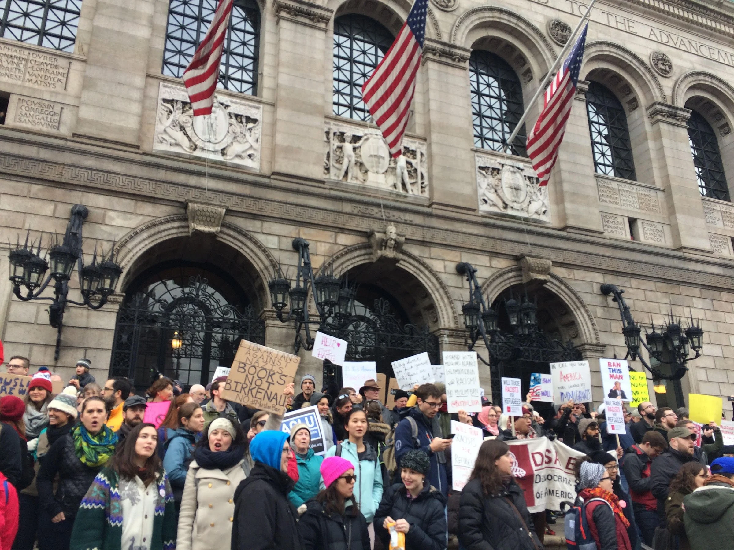  Demonstrators in Boston’s Copley Square protest President Donald Trump’s immigration ban on January 29, 2017. (Photo by Giulia Afiune/GroundTruth) 