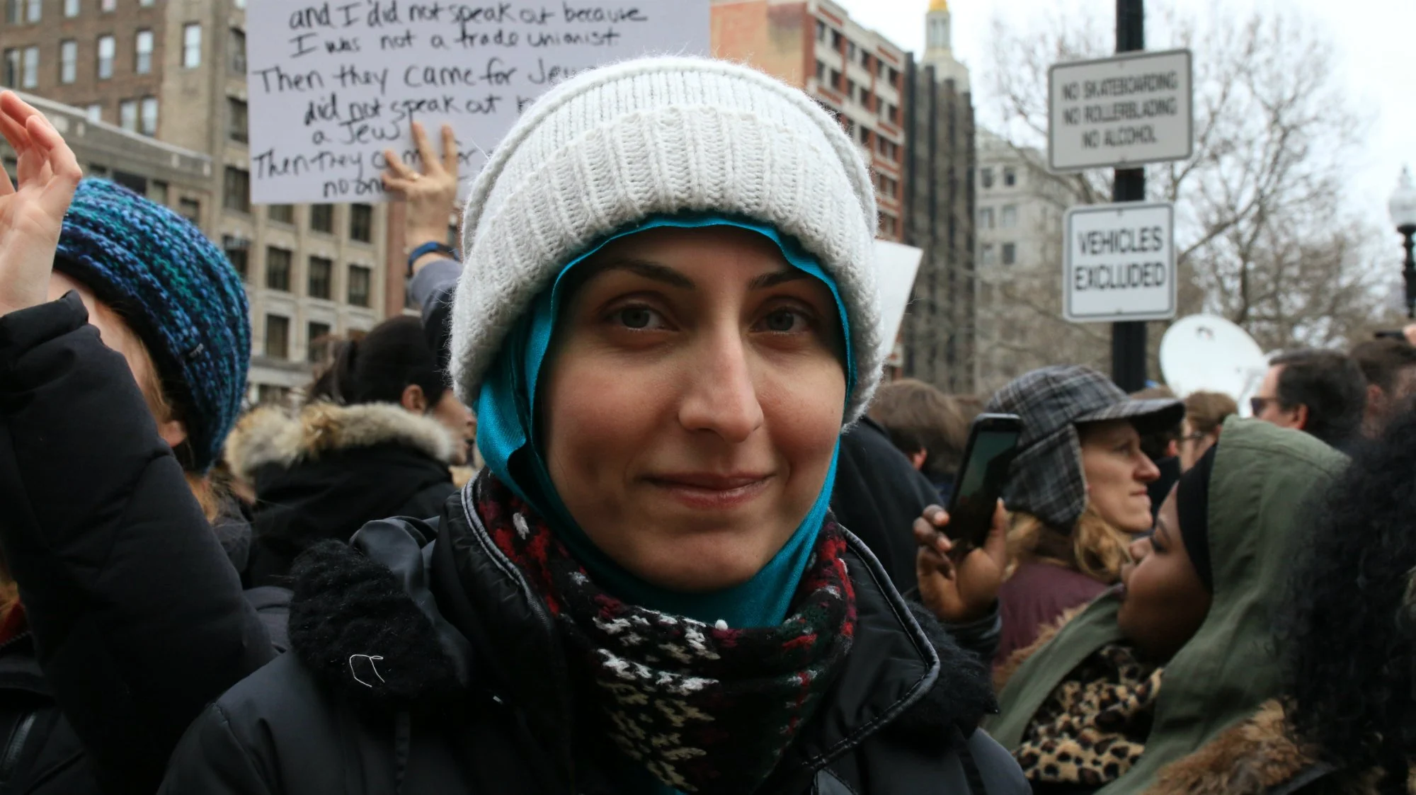  Nawar Muhsin came to the U.S. as an Iraqi refugee 24 years ago. “The country welcomed me and gave me a chance for a better life, and I want that chance to everyone that is affected by the wars in the Middle East,” she said at the protest against Pre
