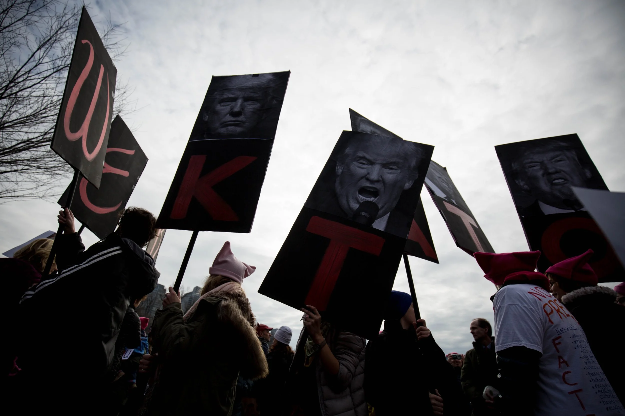  Protestors hold up collective signs calling President Donald J. Trump a “dicktator” in the Boston Commons on Jan. 21, 2017. (Photo by Alastair Pike) 