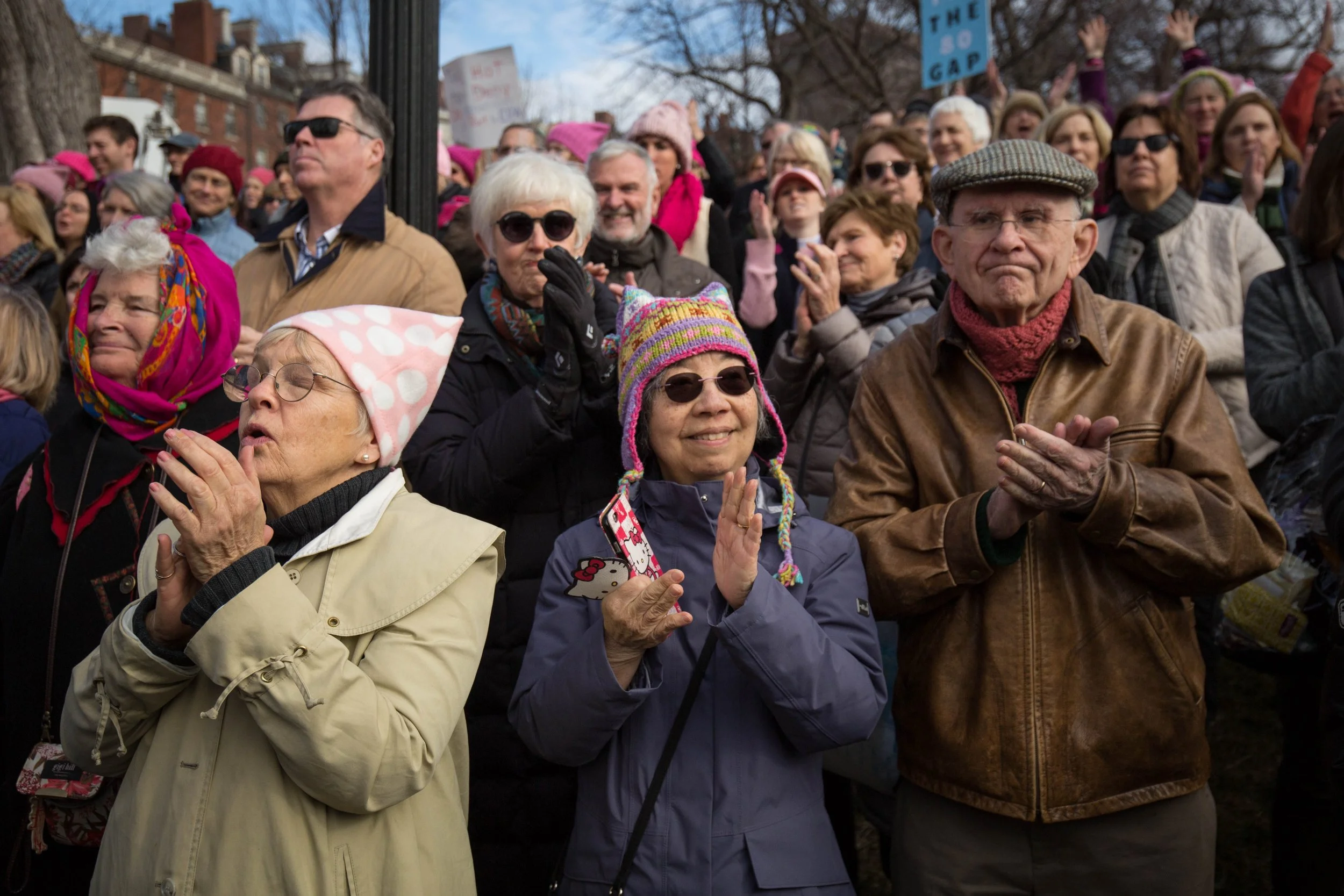  Participants react to a speech at the Boston Women’s March on Jan. 21, 2017. (Photo by Alastair Pike) 