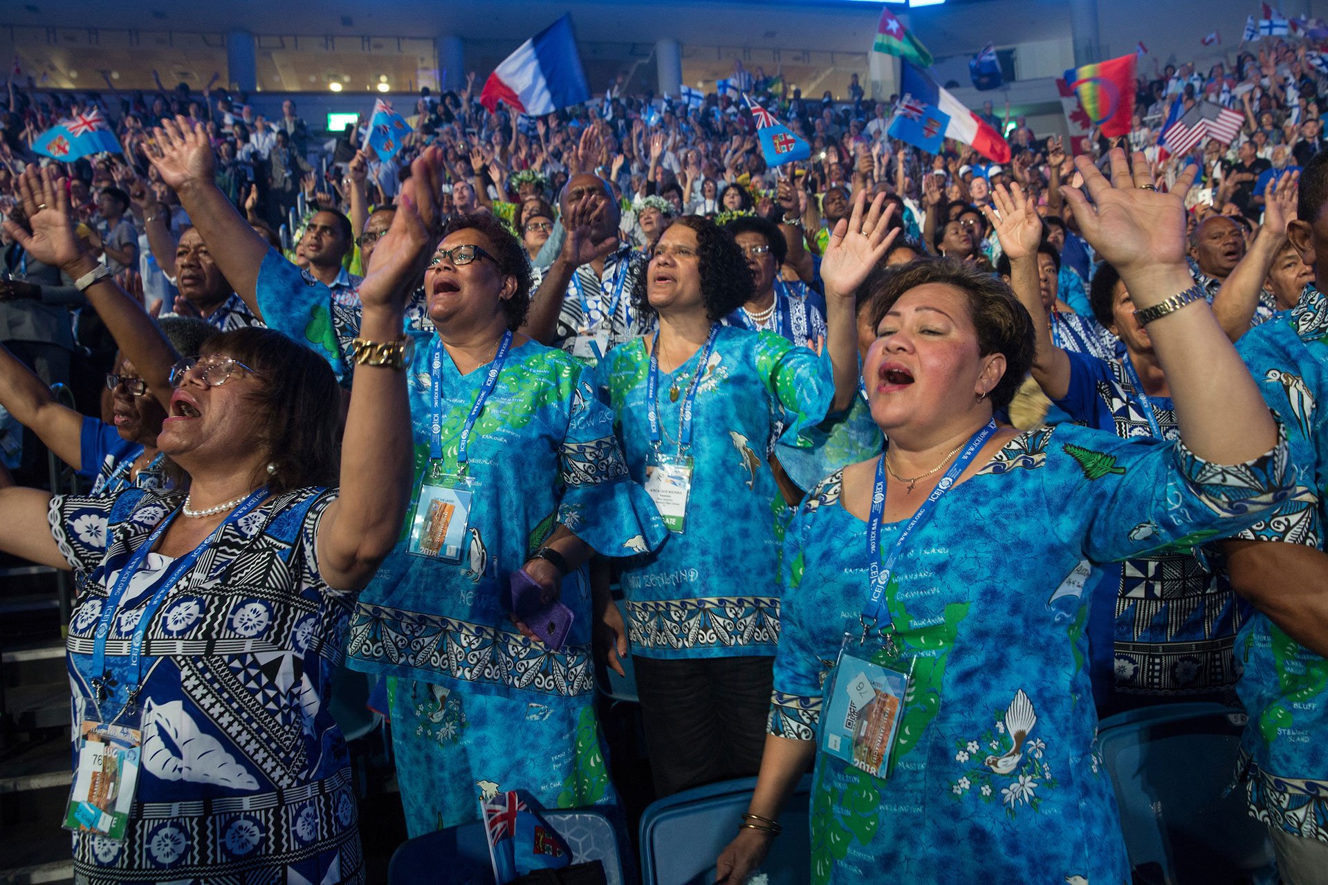 Thousands of Evangelical Christians from around the world attend the Parade of Nations and opening ceremonies for the 2018 Feast of Tabernacles at the Pais Arena in Jerusalem on September 24,2018. (Photo by Heidi Levine for The GroundTruth Project).