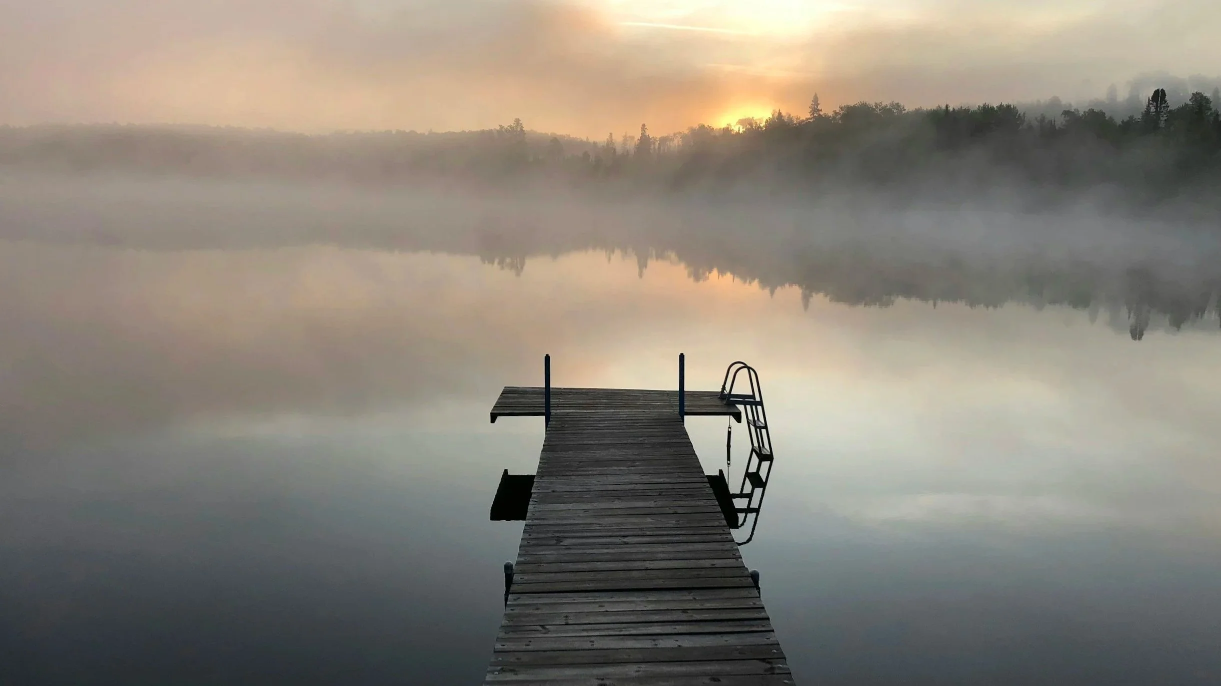 A misty lake with a boardwalk with a ladder shown in the middle as representation of feelings with a cancer diagnosis