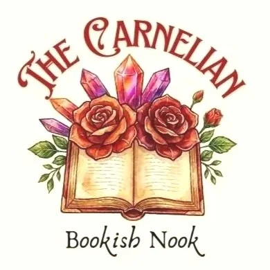 Illustration of an open book with roses and crystals on top, with the text 'The Carnelian Bookish Nook' above and below.