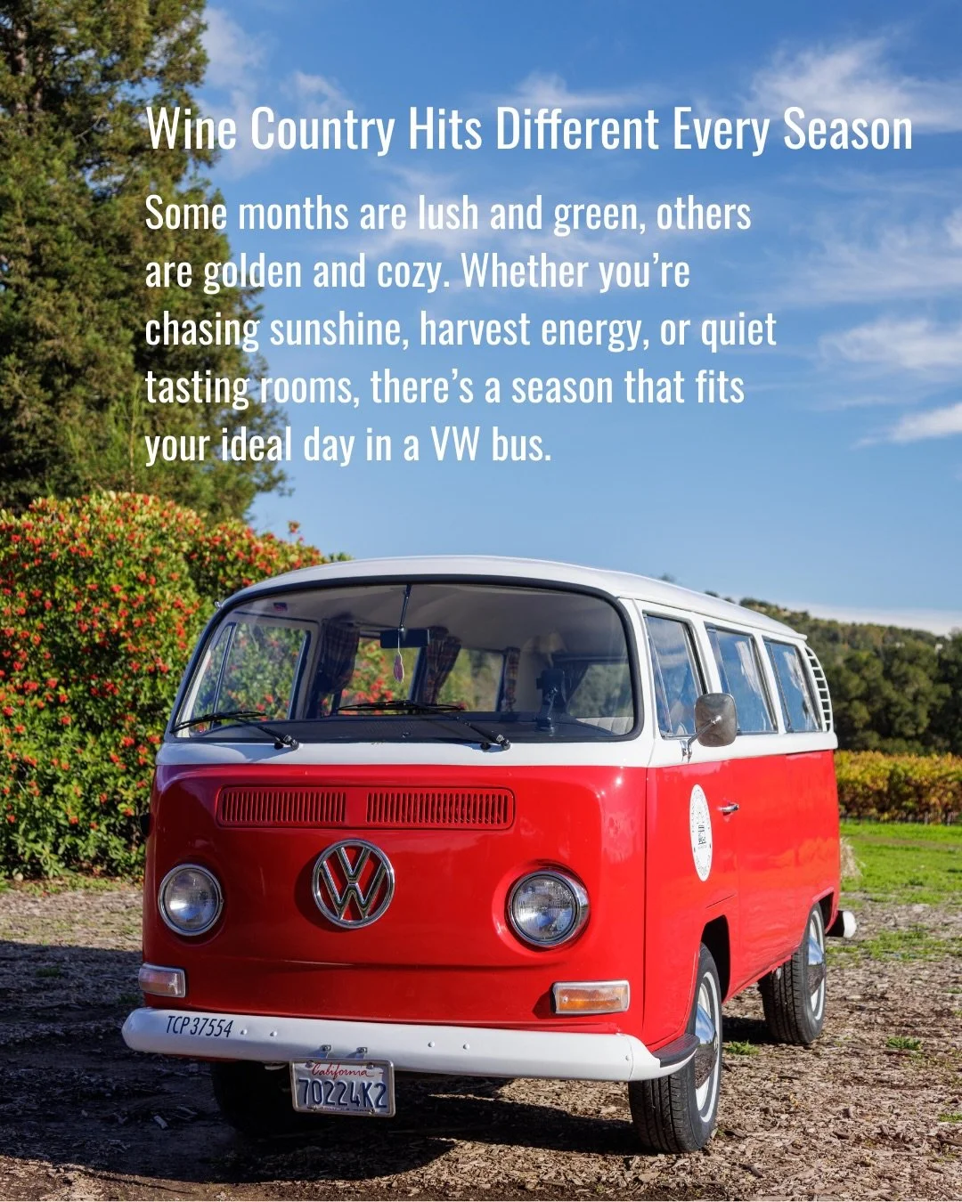 Wine Country doesn&rsquo;t really have an &ldquo;off&rdquo; season. 

Some months are lush and green, others are golden and cozy, and every single one hits different from the window of a vintage VW bus. 🚐🍷

Swipe through to find your Wine Country v