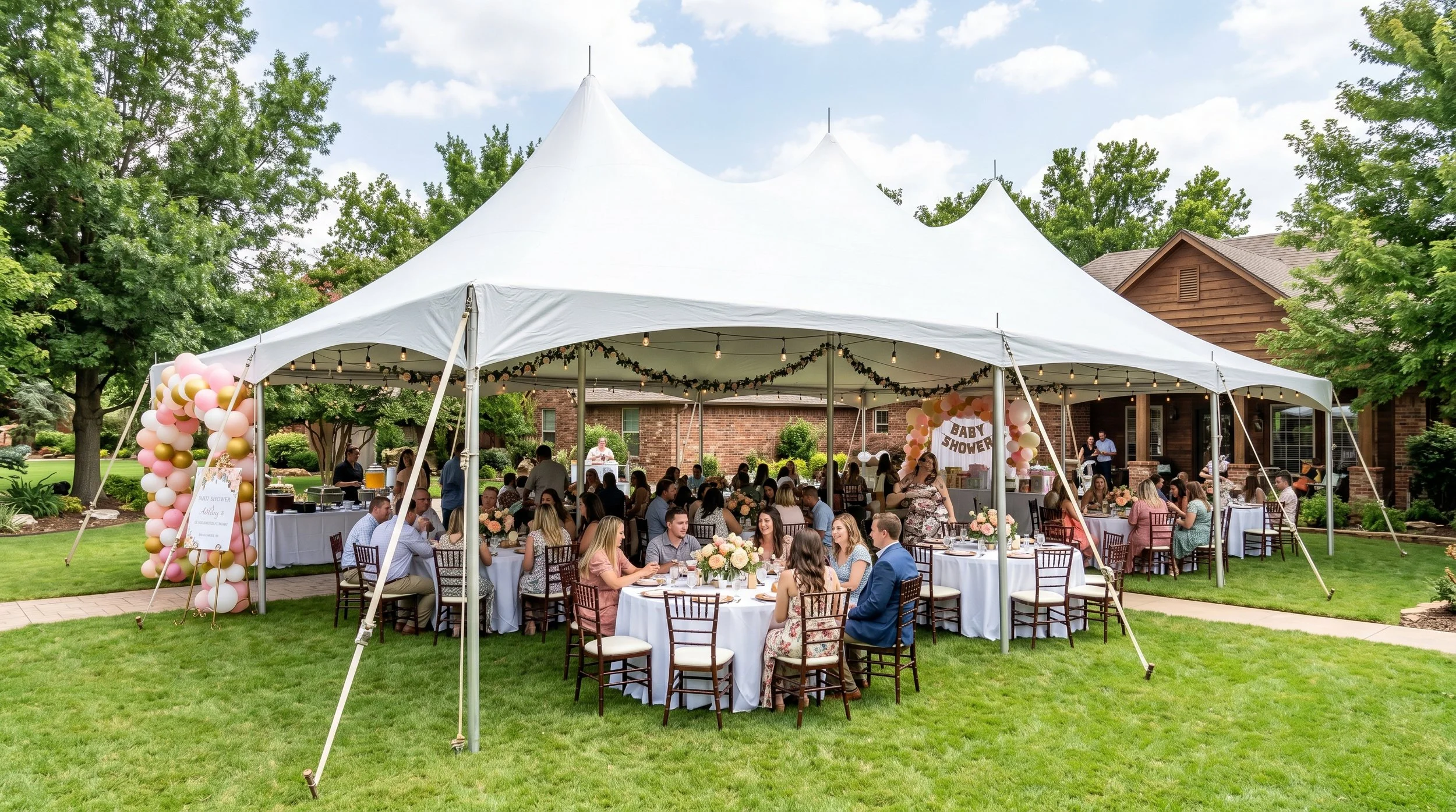 20x40 high peak tent baby shower approximately 60 guests in Bartlesville OK
