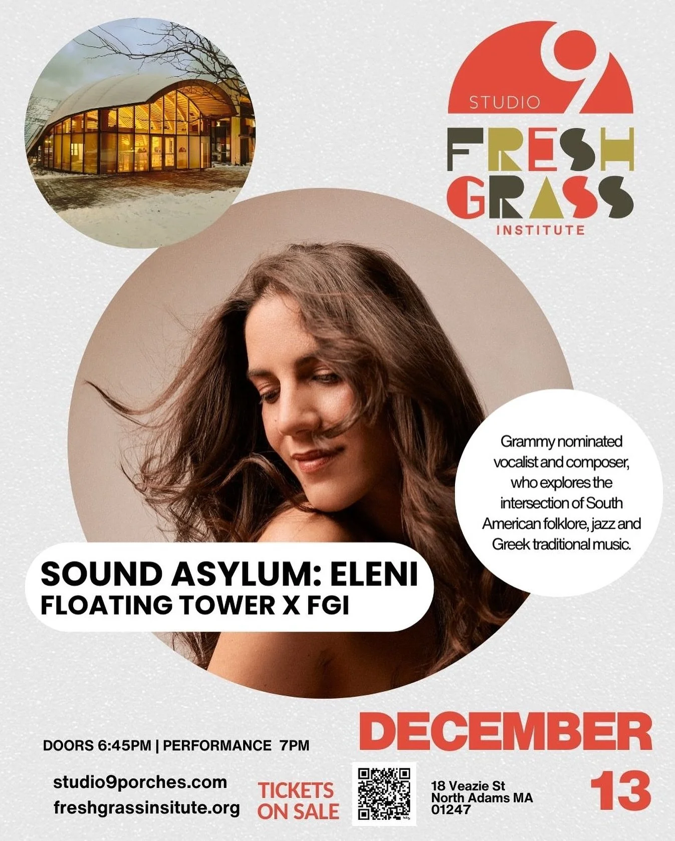 Saturday, December 13 at 7pm 
@eleni.musica @chasehillartistretreat 
Sound Asylum is an ongoing collaboration between FreshGrass Institute and Floating Tower, highlighting refugee and immigrant artists whose work expands the language of contemporary 
