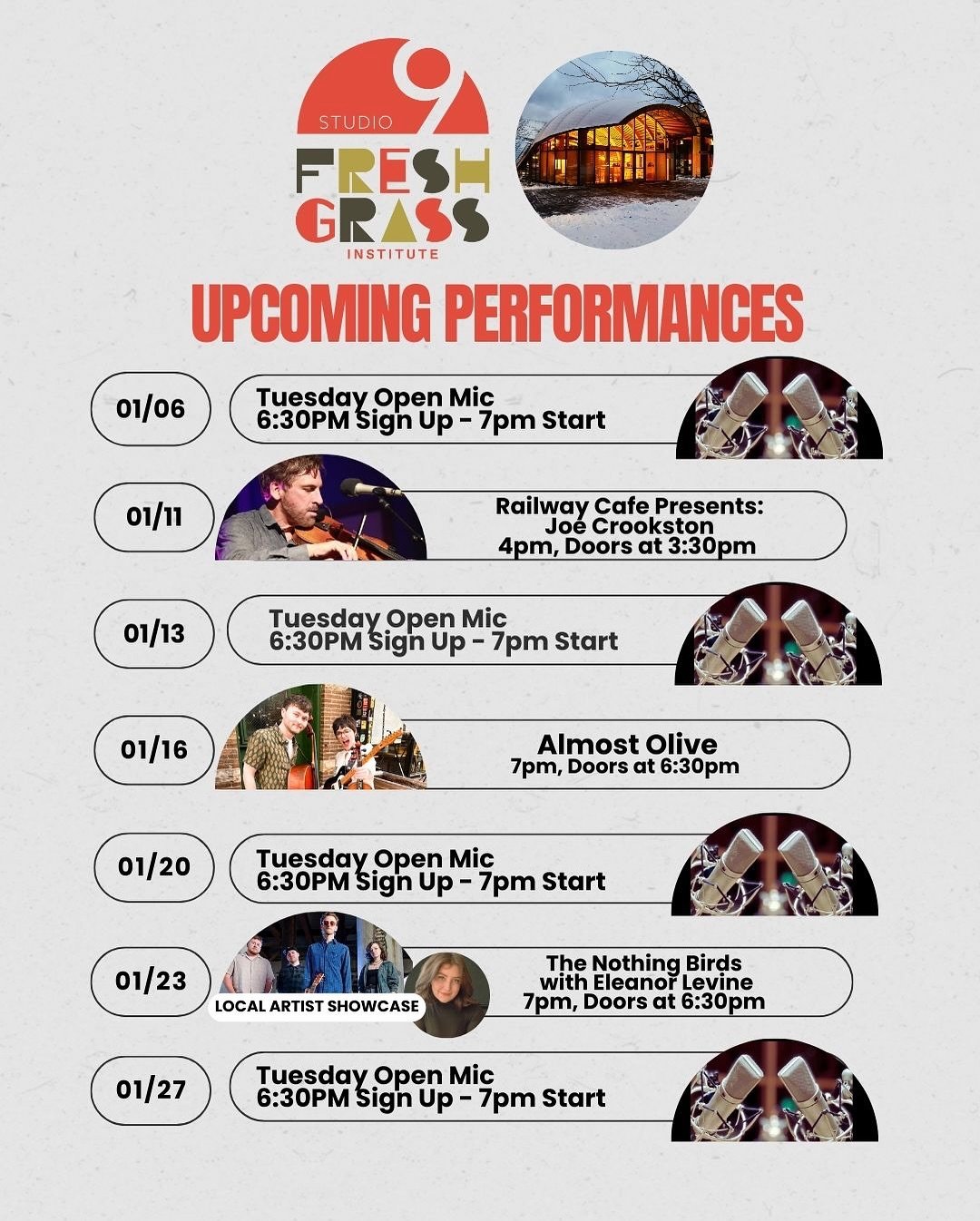 🔊January 2026 Drop!🔊

2026 will launch Studio 9, home of the FreshGrass Institute @freshgrassfoundation into a new chapter, while still showcasing local, regional, and national talent!

Tuesday Open Mics continues 
January 6, 13, 20, 27

Sunday, Ja