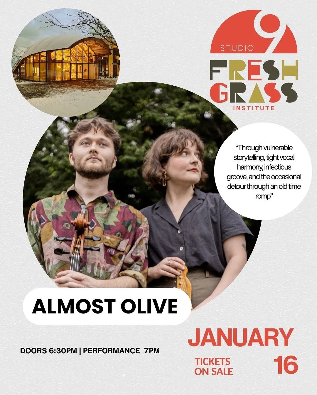 This week at Studio 9! 

Friday, January 16 at 7pm 
Almost Olive @almost.olive 

Through vulnerable storytelling, tight vocal harmony, infectious groove, and the occasional detour through an old time romp, the duo explores the vastness of the human e
