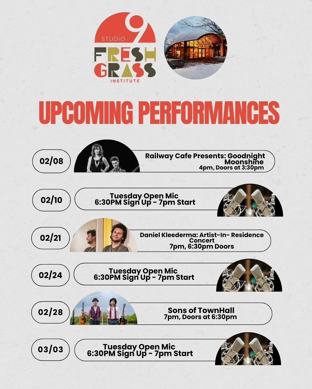 February 2026 Drop! 🎤

Sunday, February 8 at 4pm 
🚂 Railway Cafe Presents: @gnightmoonshine 

Friday, February 21 at 7pm 🎸
Artist-In-Residence Concert @daniel_kleederman 

Saturday, February 28 at 7pm 🎩
@sonsoftownhall return to Studio 9! 

Open 