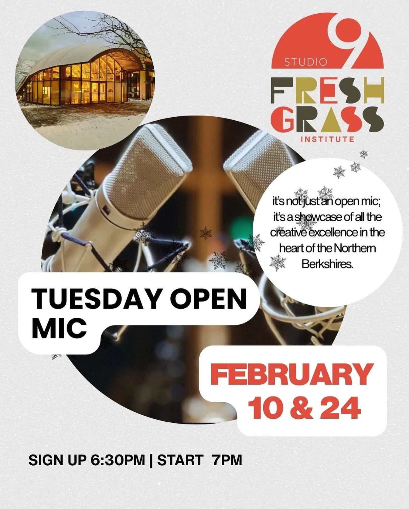 6 more weeks of Winter, and two open mics in February! ❄️🎙️

Two opportunities this February to fill Studio 9 with talents! February 10 and February 24! 

Ever wonder what we are doing when it&rsquo;s Tuesday with no open mic? We shift gears from pe
