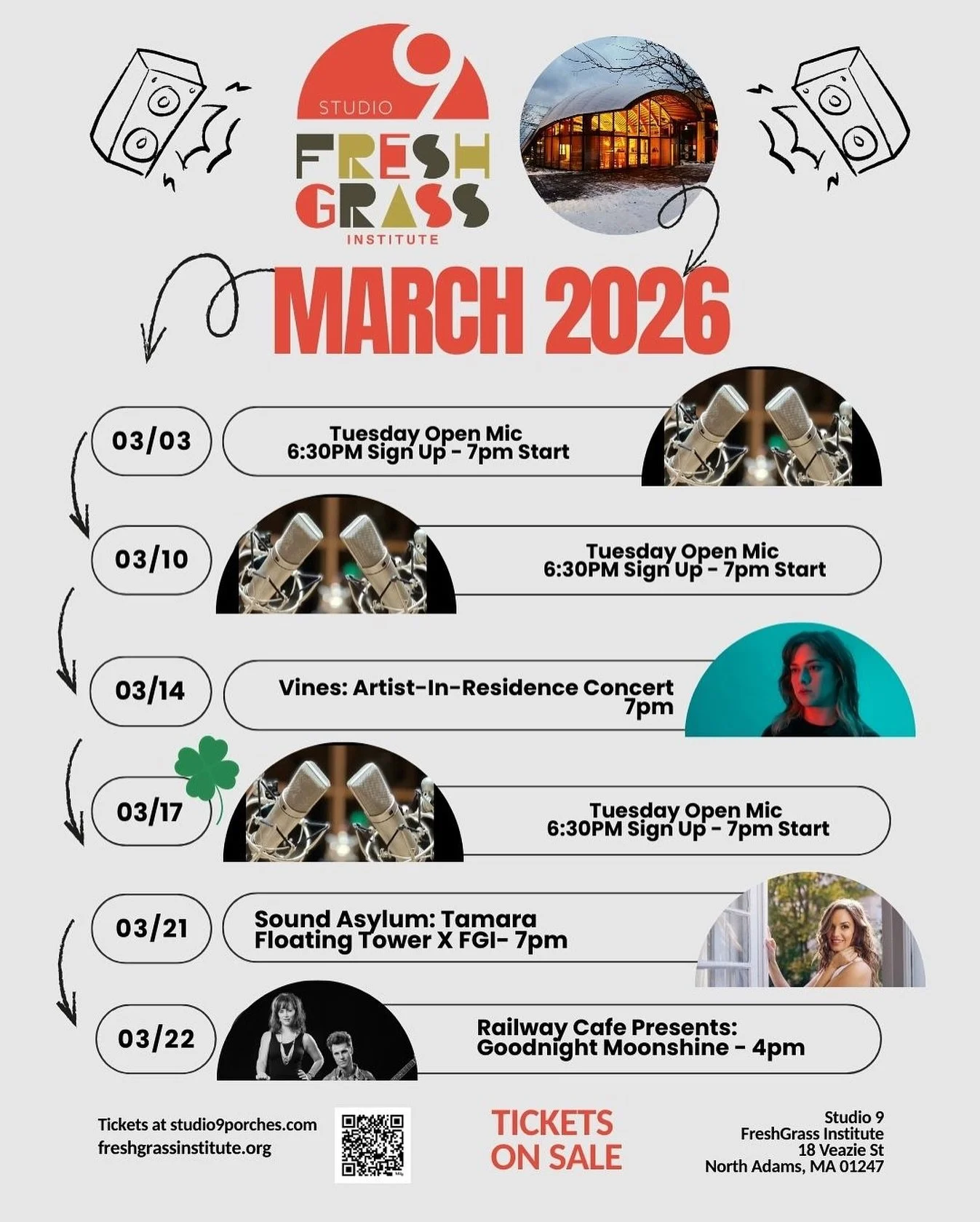 March is here! ☘️🌈🌦️check out our lineup! 

Tuesday Open Mic
Tuesdays, March 3, 7, and 17 (with a nod to St. Patrick&rsquo;s Day encouraged on the 17th) 

Saturday, March 14 
Vines: Artist-in-Residence Concert 
7pm, doors at 6:30pm

Saturday, March