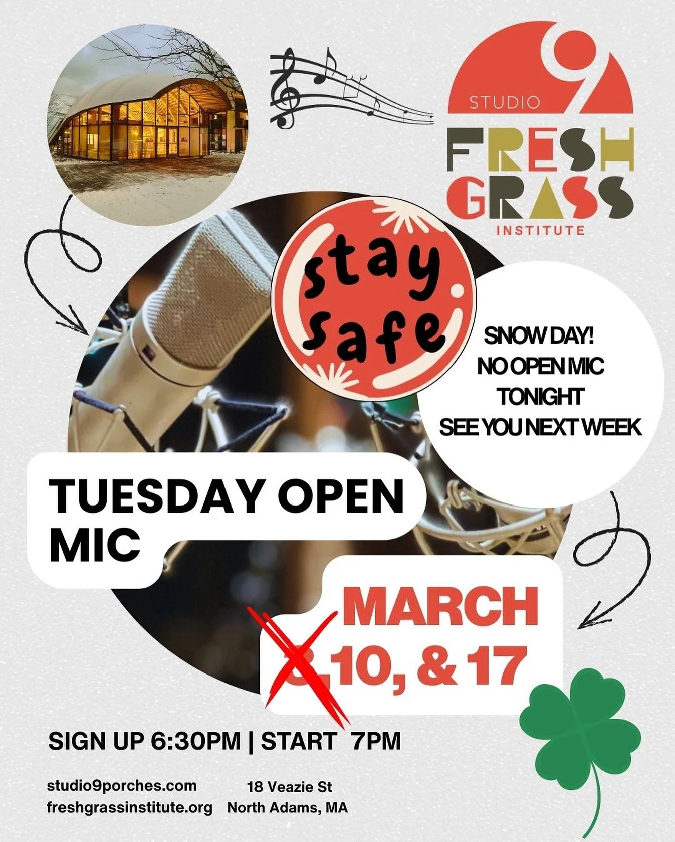 ❄️Due to the weather we will be calling it a snow day for Studio 9 and 3/3 Tuesday Open Mic. We return on March 10! Stay safe and warm North Adams!