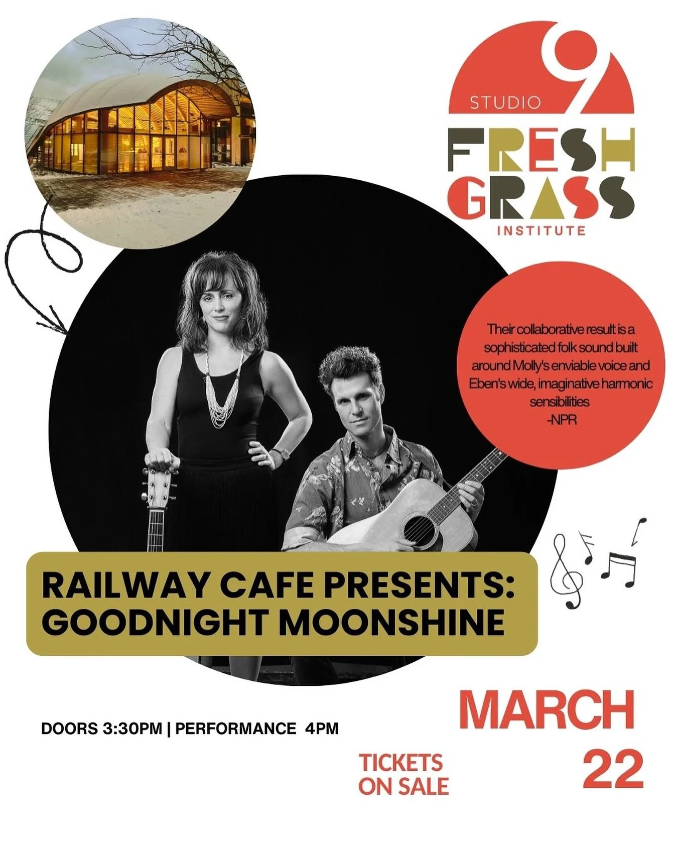 Sunday, March 22 at 4pm
Rescheduled from February 8! 

Tickets going fast! 🎟️

@gnightmoonshine returns to Studio 9 with Railway Cafe Presents! 🚂

Goodnight Moonshine is a musical marriage&mdash;the guitar and vocal duet of renowned Red Molly singe