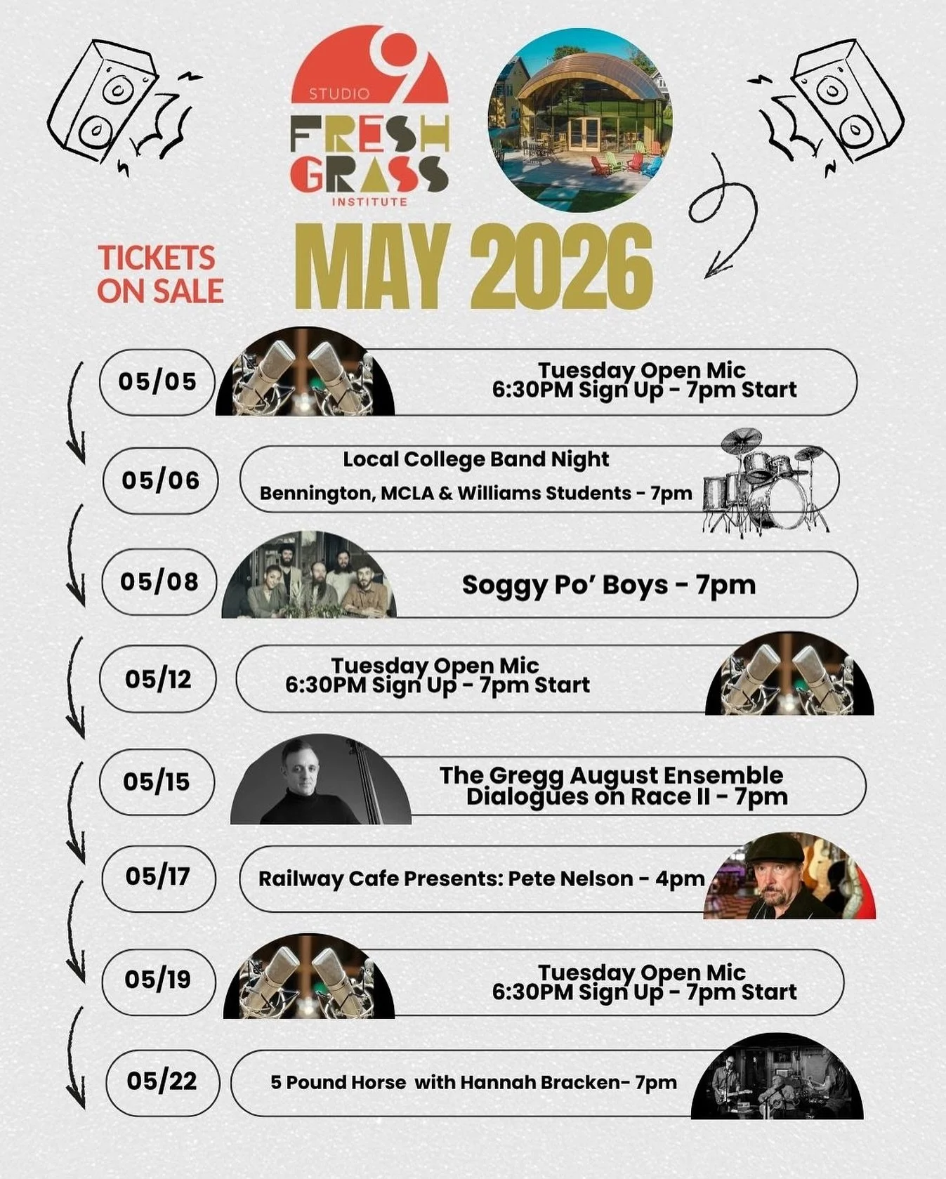 🎙️May Lineup Drop🎤

College Music Night
Bennington, MCLA, and Williams Students Jam at Studio 9 (Free) 
May 6 at 7pm 

Soggy Po&rsquo;  Boy Jazz Up the Studio 9 
May 8 at 7pm @soggypoboys 

Gregg August Ensemble 
May 15 at 7pm @gregg.august 

Railw