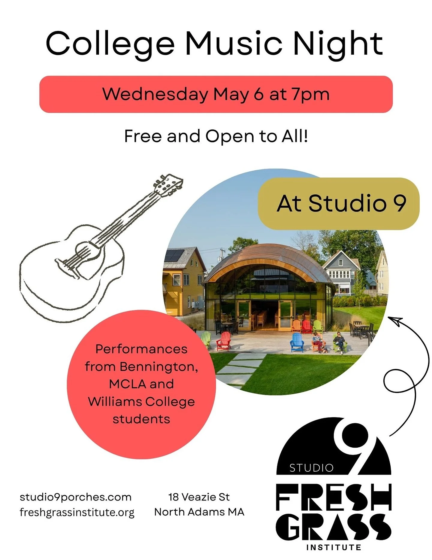 Wednesday, May 6 at 7pm join us for College Music Night! Featuring Bennington, MCLA, and Williams College students! 🎤

Free and open to the public! 
Poster by @helen.kahn_music

#northadams #mcla #benningtoncollege #williamscollege #collegemusic #li