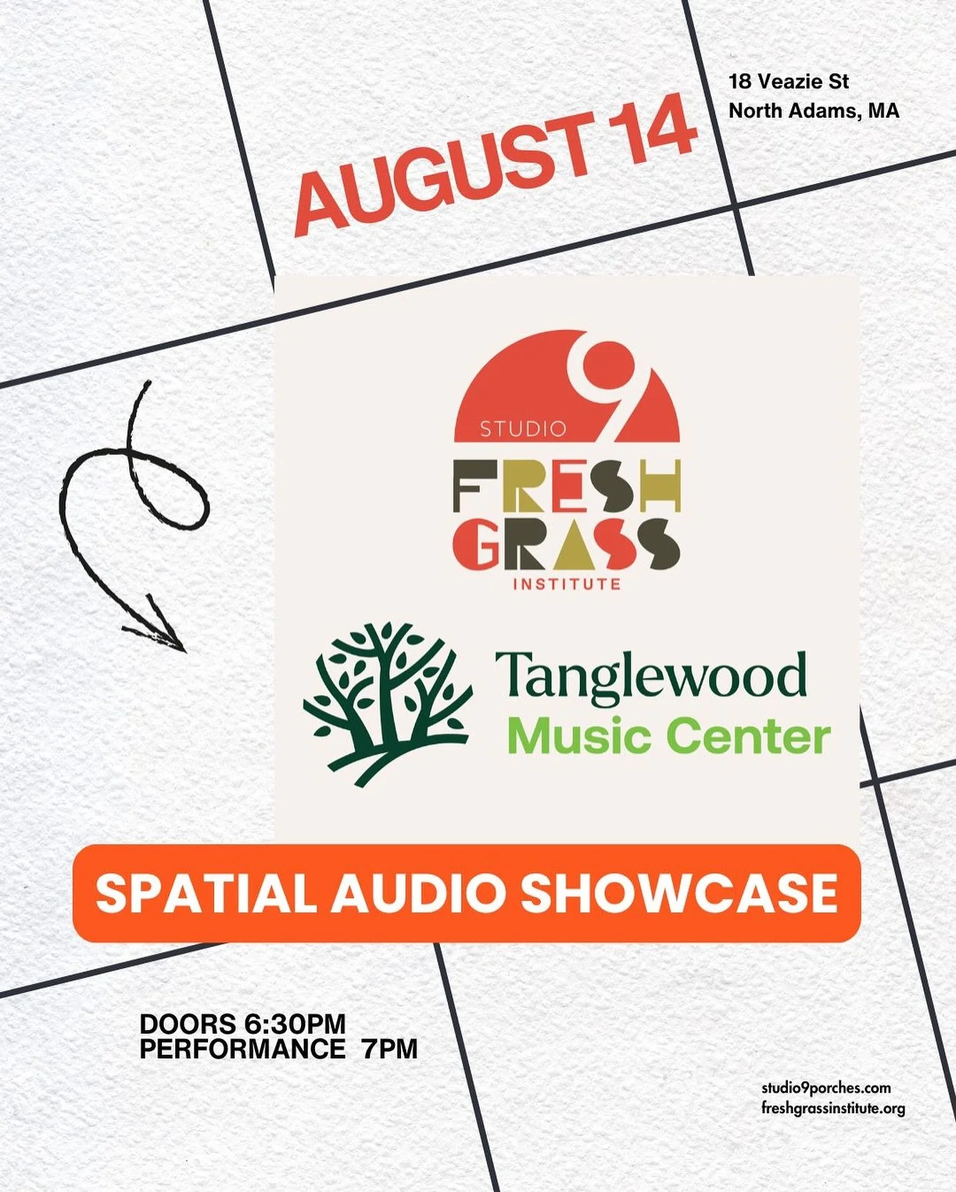 Save the date! Friday, August 14 at 7pm. 
Spatial Audio Showcase

The Tanglewood Music Center and the FreshGrass Institute are pleased to continue their collaborative Studio 9 initiative for the 2026 season, offering TMC Composition Fellows the oppor