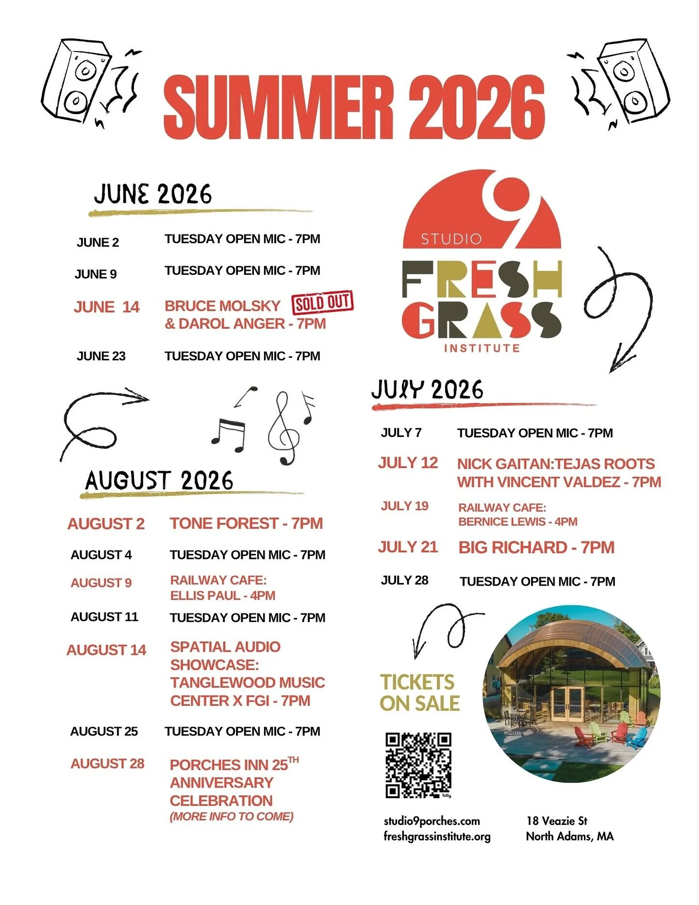 📣Summer 2026 is here! 📣

Tickets are now on sale at studio9porches.com 🎟️

#studio9 #northadamsma #freshgrass #livemusic #musicintheberkshires #westernma #berkshires #berkshiresma