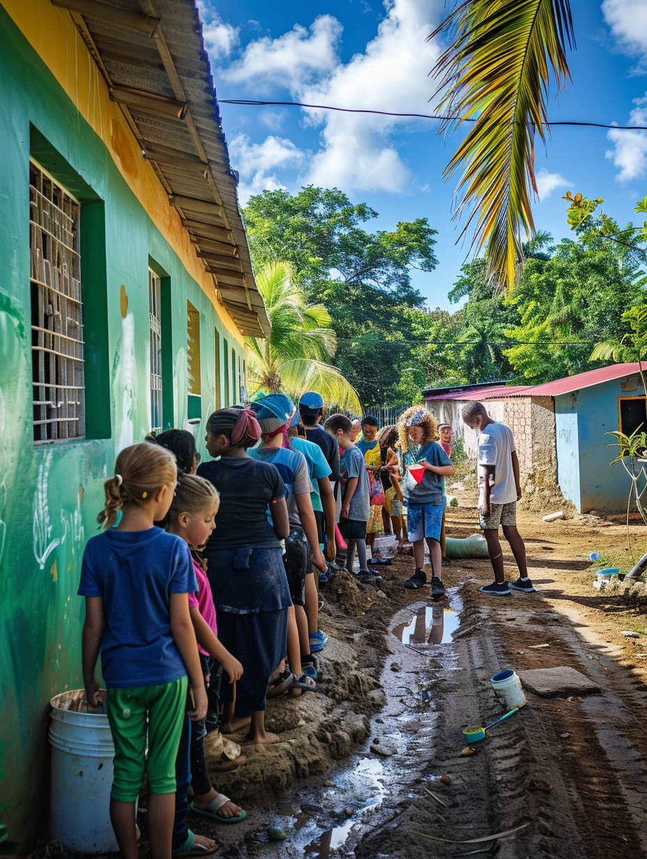 Eine Gruppe von Kindern steht in einer Reihe neben einem bunten Gebäude. Im Hintergrund sind tropische Bäume und ein blauer Himmel zu sehen.