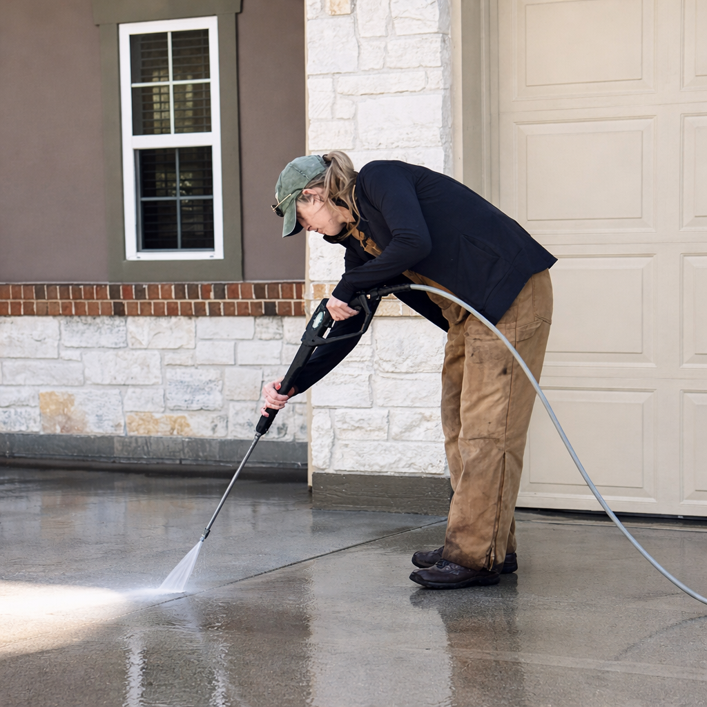 Woman pressure washing a concrete driveway outside a house.