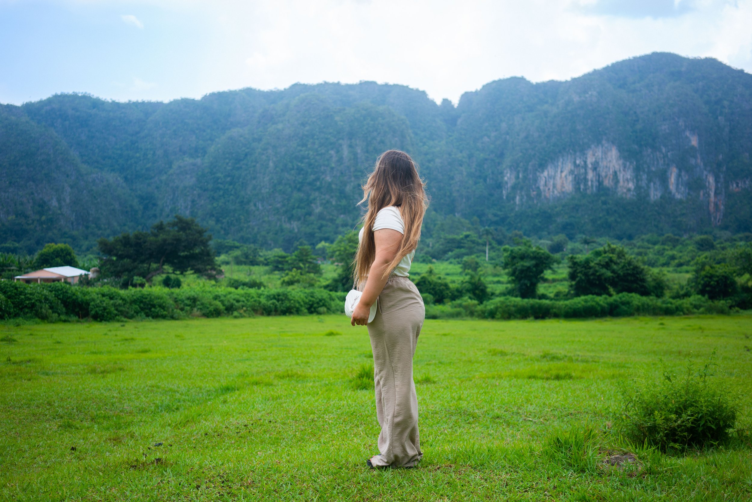 Woman with long hair standing on a grassy field, looking at mountains in the distance.