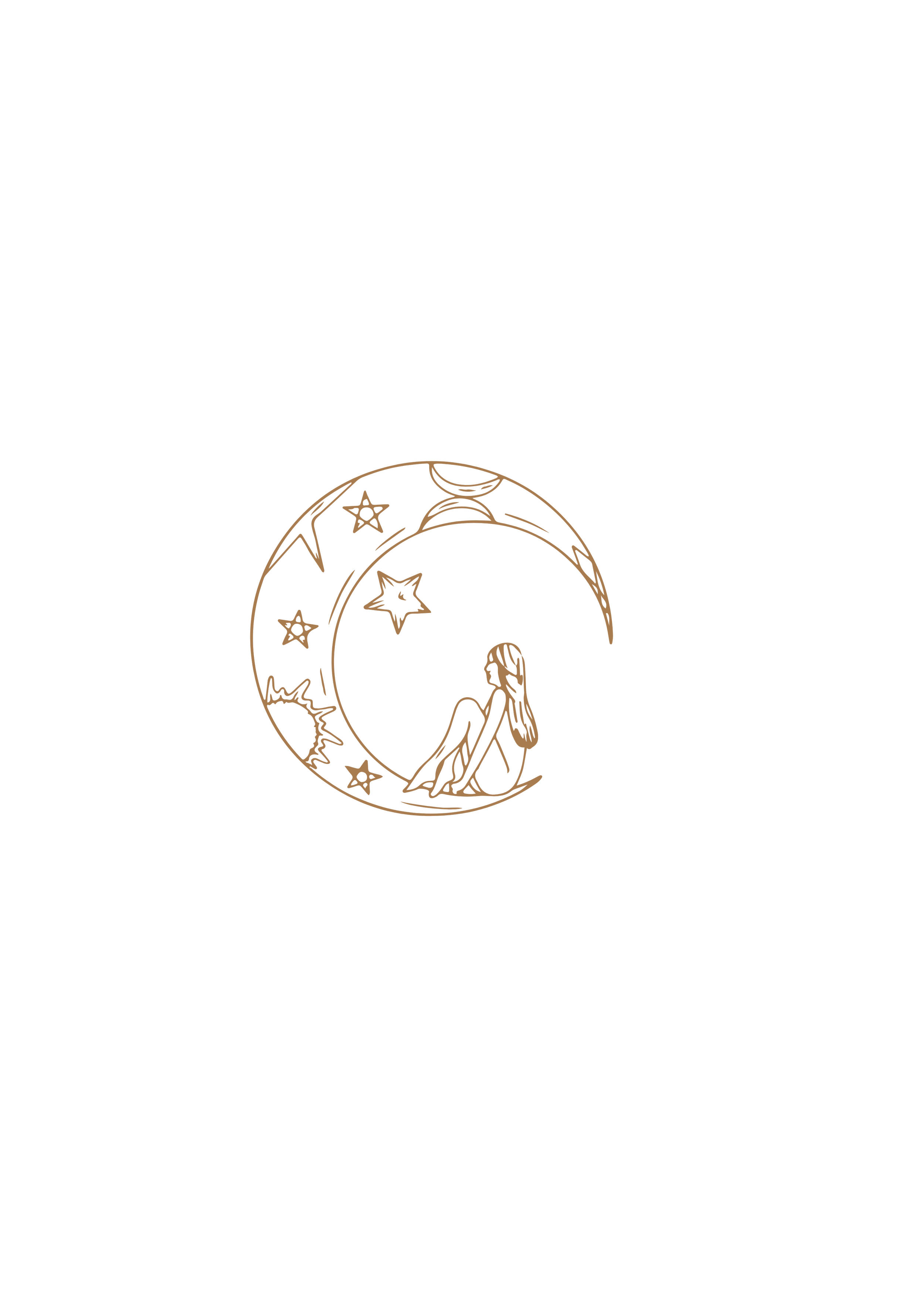 Een gestileerde tekening van een meisje zittend op een halve maan met sterren en een zon, allemaal in goudkleur op een zwarte achtergrond.