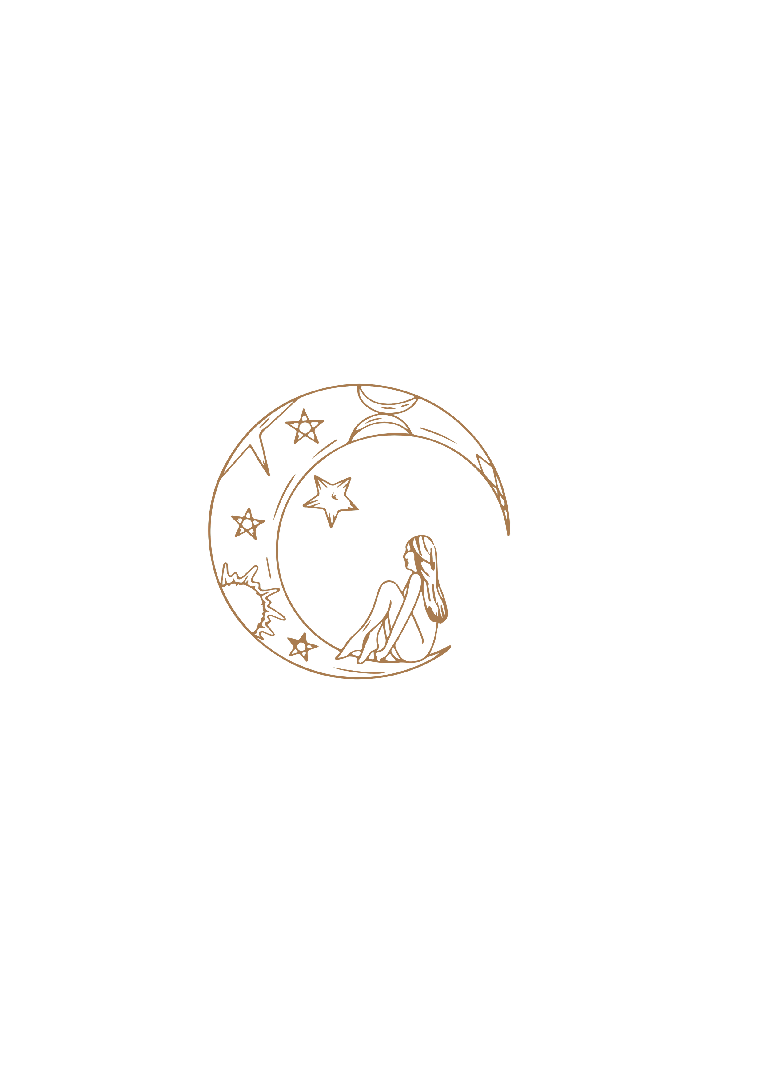 Een tekening van een meisje dat op de maan zit, omringd door sterren, alles in goudkleur op een zwarte achtergrond.