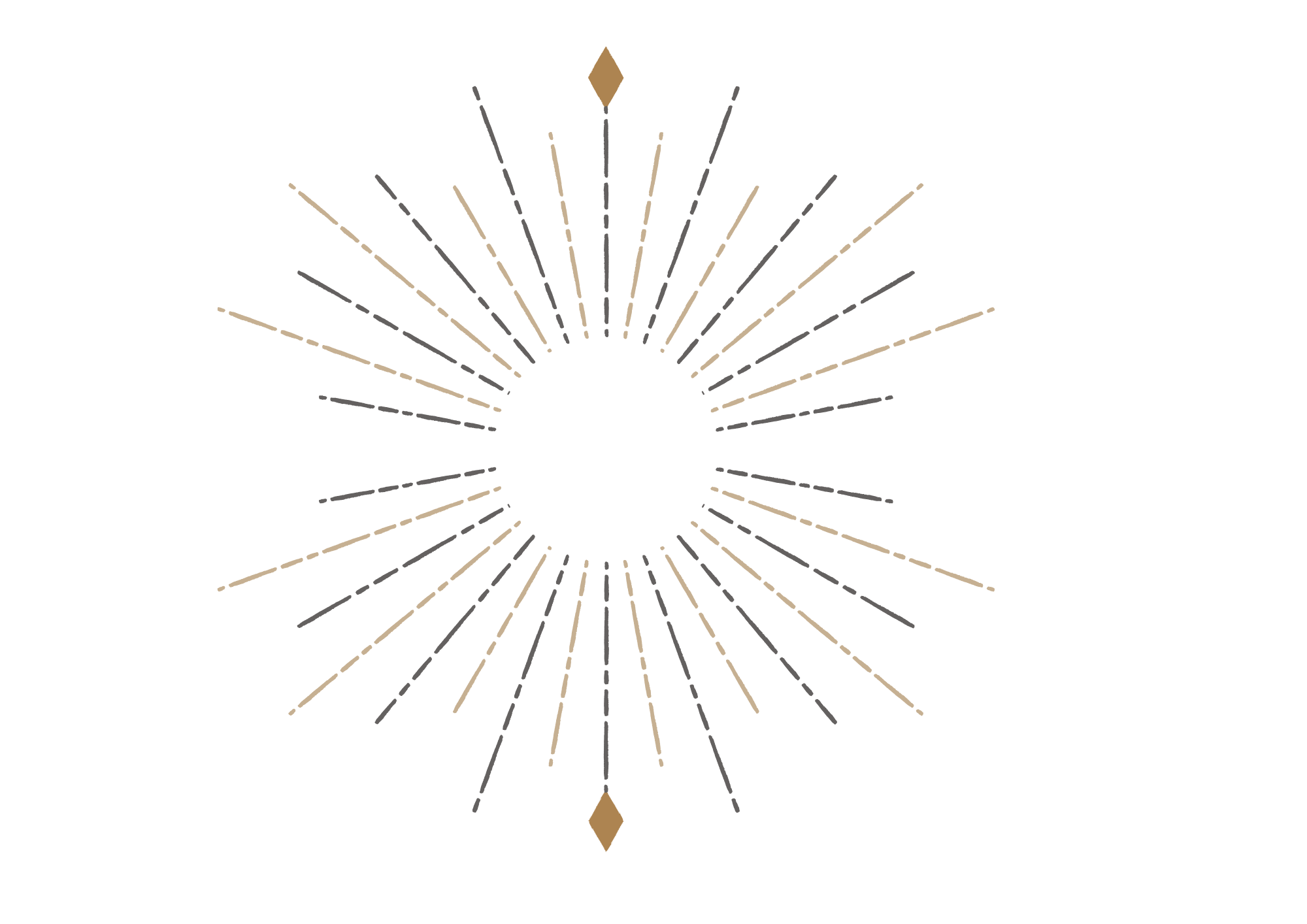 Decoratieve goudkleurige zon met lijnen en diamantvormen op een zwarte achtergrond.