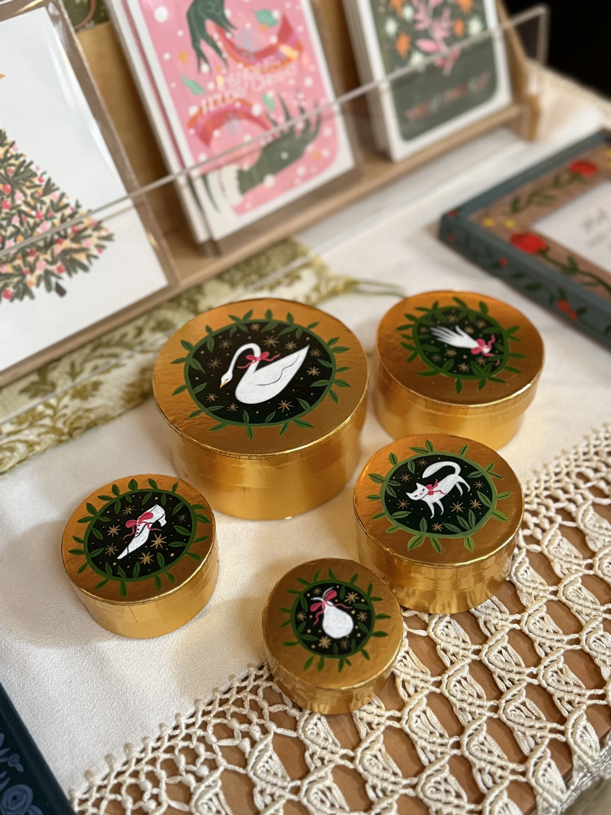 Gouache on gold foil boxes