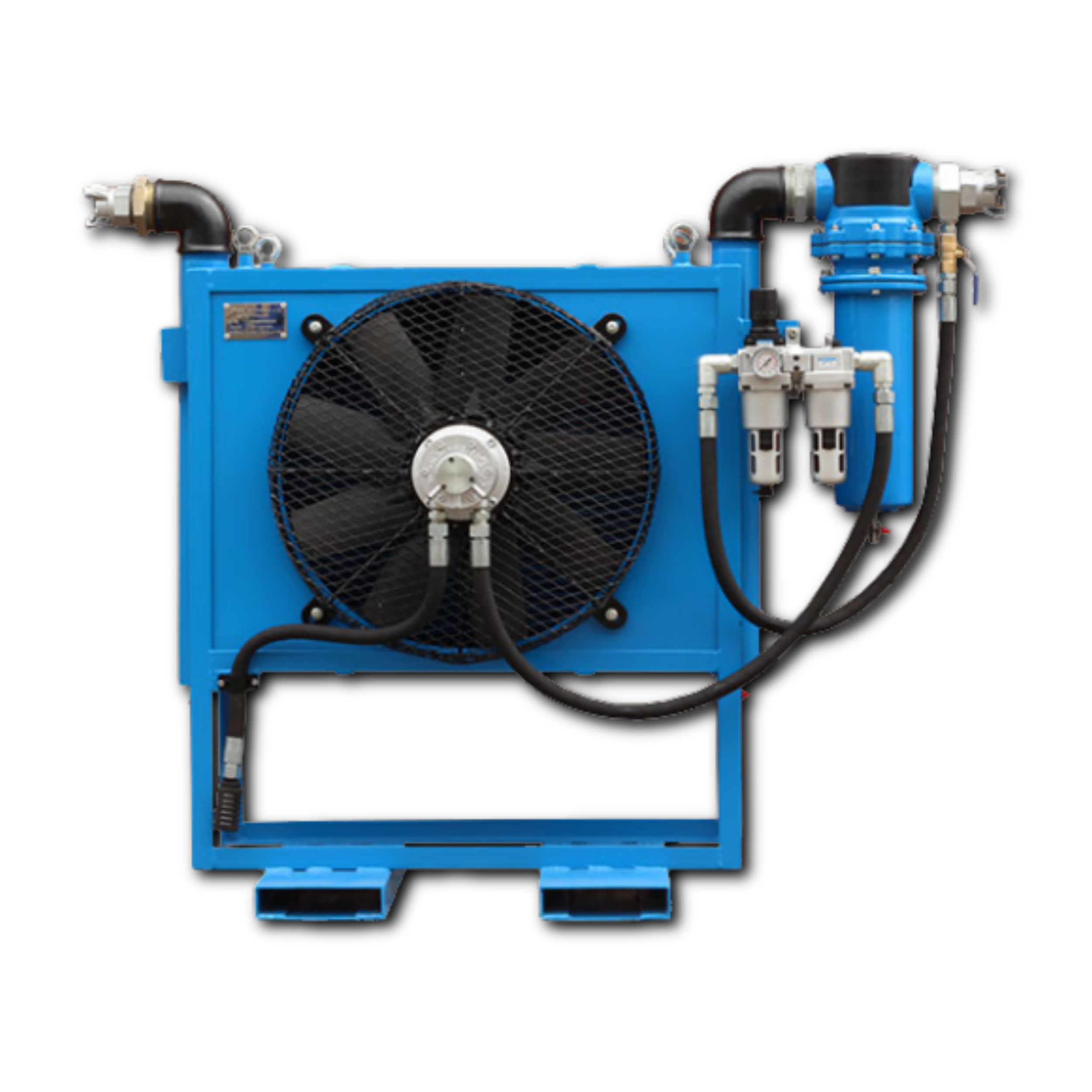 Industrial cooling or hydraulic system with a large black fan, pipes, filters, and valves on a blue metal frame.