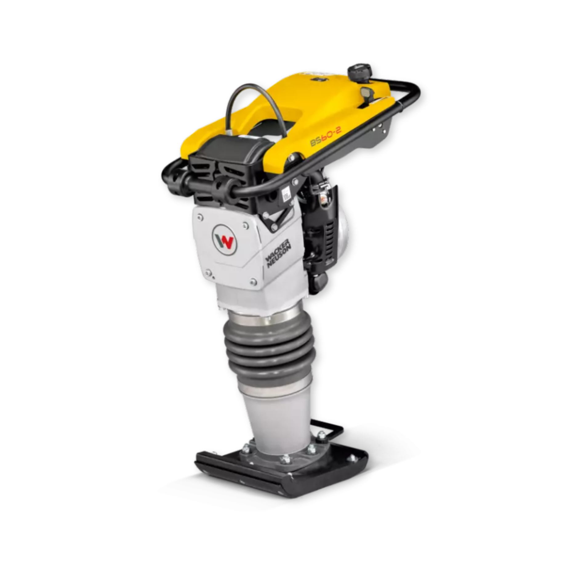A vibratory rammer, used for compaction in construction, with a yellow top and black handle, mounted on a gray spring mechanism, against a black background.