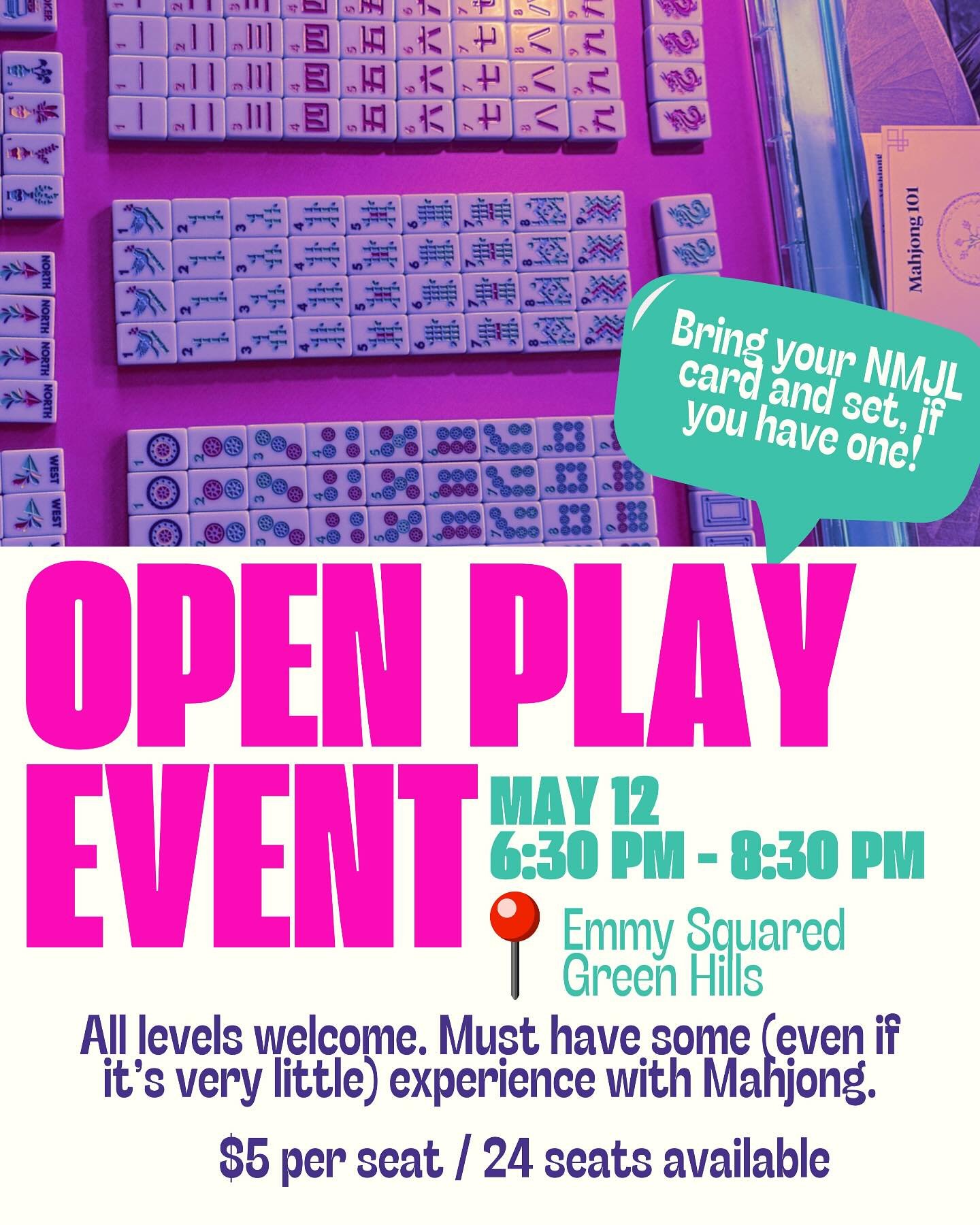 Open pay to play event! May 12th, 6:30-8:30 PM at Emmy Squared in Green Hills Mall 🀄️ Bring friends for some food, drinks, and fun! $5 saves your seat on my website, link in bio 🔗 *Note* mahjong experience required, this is not a beginner event! 

