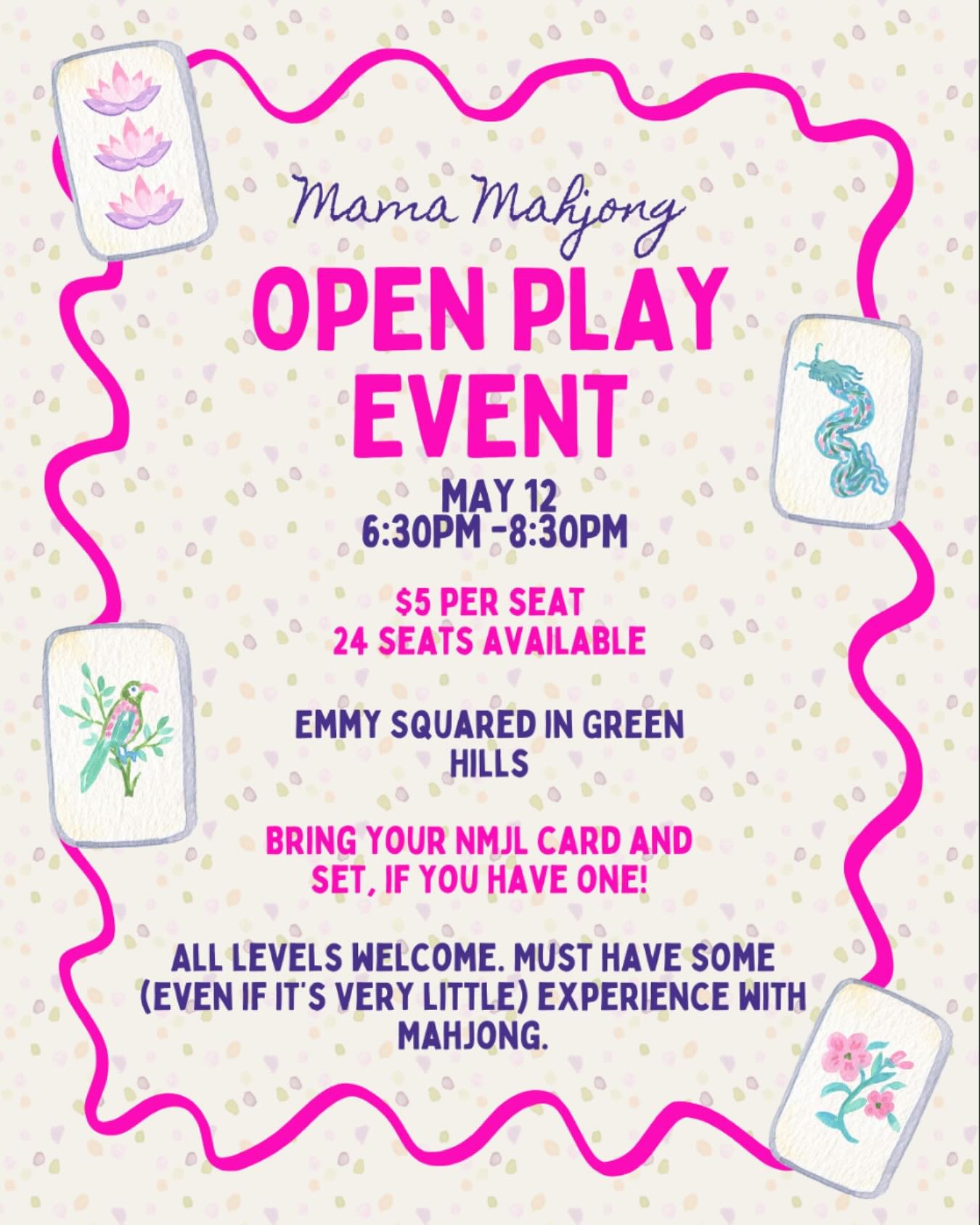 📣Open Play event at Emmy Squared in Green Hills! Next Monday come out to show off your mahjong skills 🀄️ $5 saves your seat, only a few spots left! Link in bio to sign up on my website 🔗 see you soon! 

#mamamahjong #mahjong #openplay #event #tile