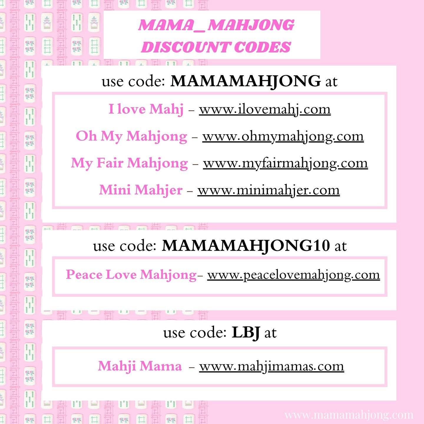 Updated discount codes that you can use TODAY! Use each code at different stores and treat yourself 😉 

#mamamahjong #mahjong #tiles #discount #discountcodes