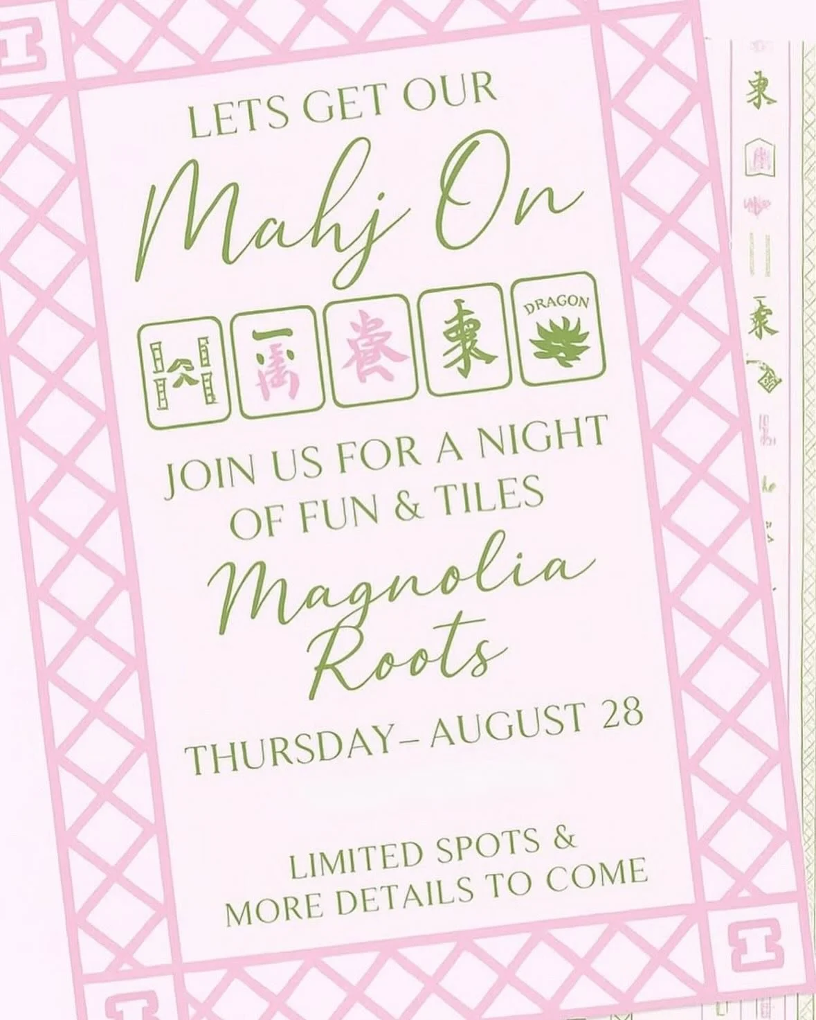 Mama Mahjong is going on &ldquo;tour&rdquo; August 28th and 29th to Smithville and Sparta, TN ! We&rsquo;re excited to be teaching 101 at @shopmagnoliaroots_ and @jongees! More info to come early next week!!