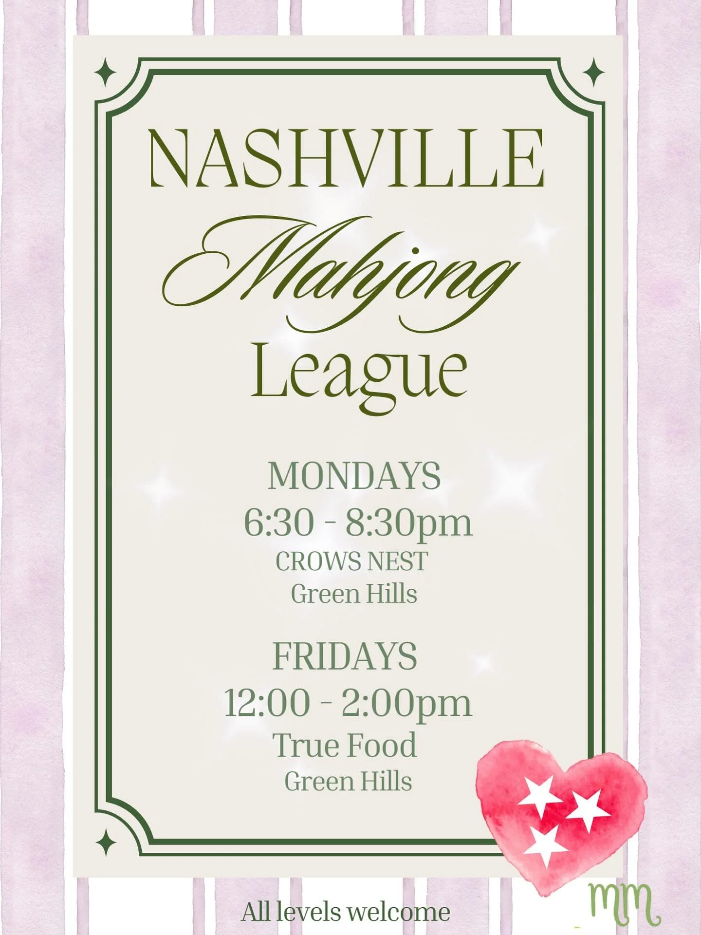 The wait is over! I&rsquo;m beyond excited to announce Nashville&rsquo;s FIRST Mahjong League! ☺️ In my dreams, I knew we&rsquo;d create a Mahj community! Join us for five weeks, Monday nights or Friday lunches, starting September 5th and 8th! Ticket