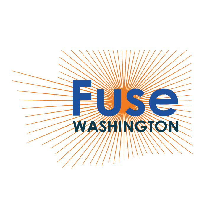 Logo for Fuse Washington with orange radiating lines behind the word 'Fuse' in large blue letters and 'Washington' beneath in smaller black letters.