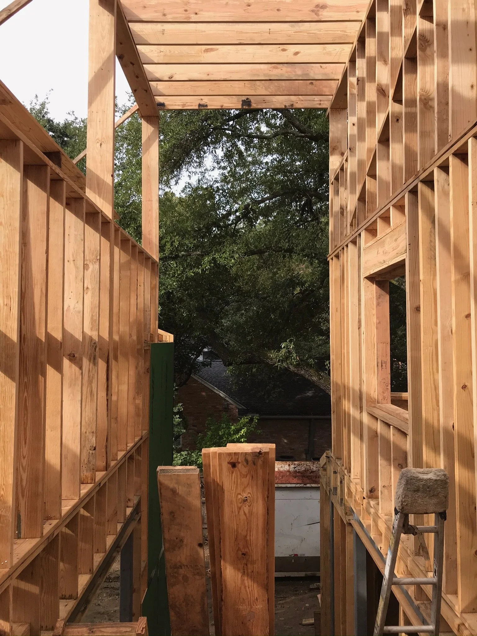 Wooden framing of a building under construction with trees visible in the background.