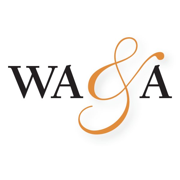 Logo with the letters W, A, and A arranged with an orange ampersand in the center.