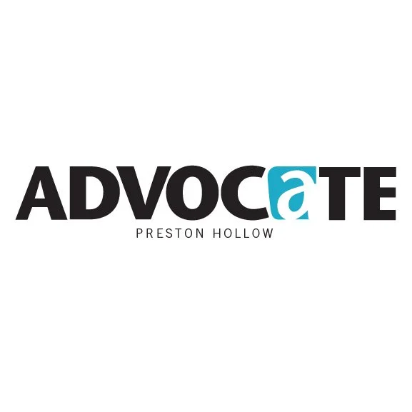 Logo with the word 'ADVOCATE' where the letter 'a' is stylized in blue and white, and 'PRESTON HOLLOW' written underneath in smaller black font.