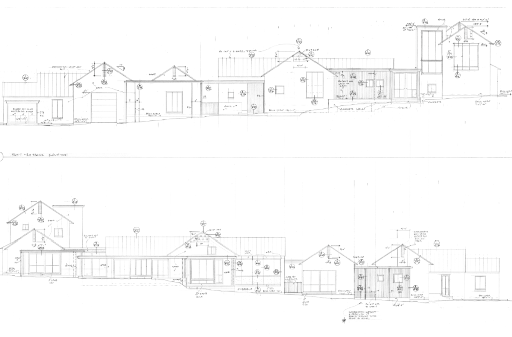 Architectural drawings of a house's front and rear elevations with notes, measurements, and roof details.