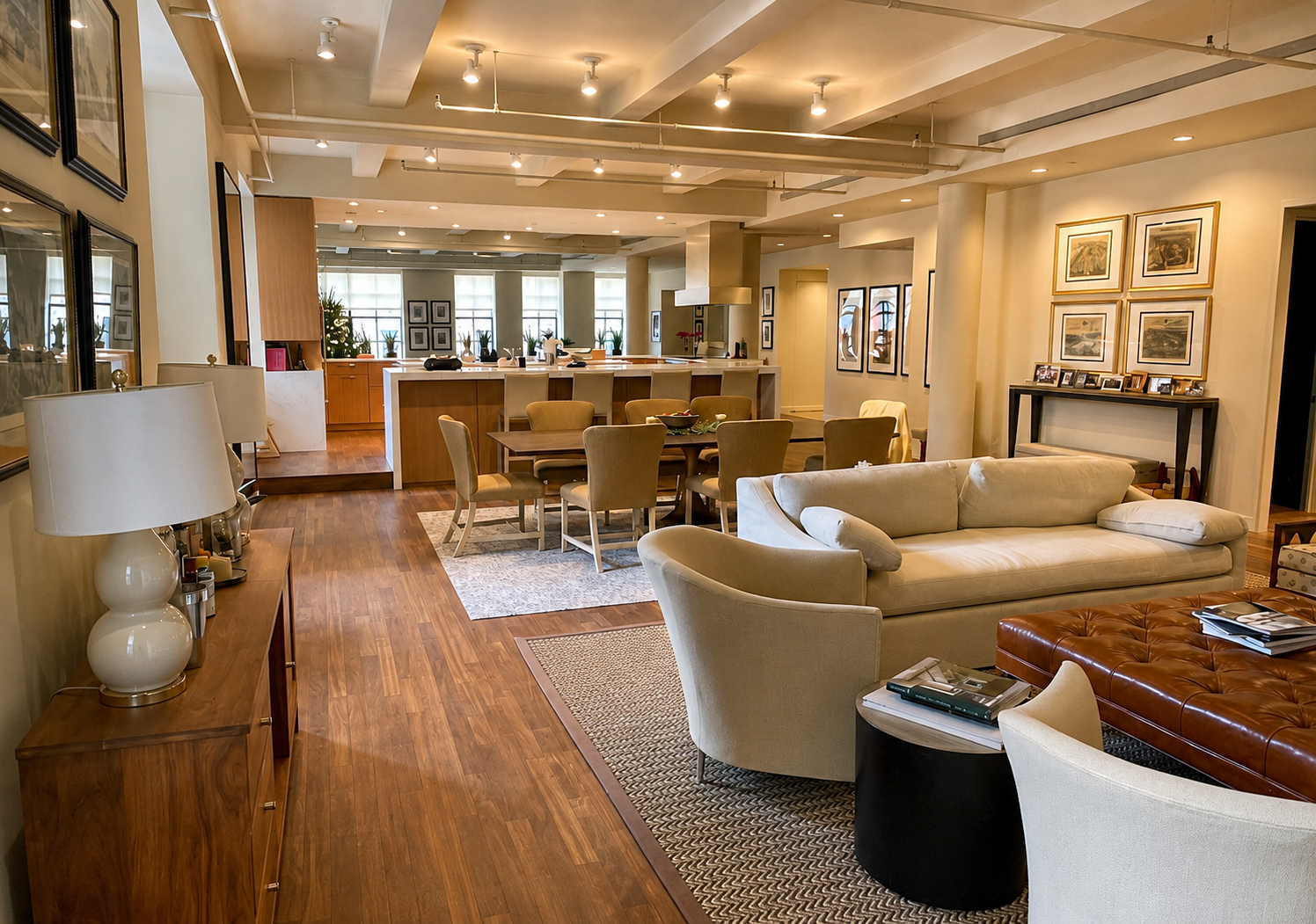 A spacious and stylish living room with wooden flooring, beige sofas, a dining table with chairs, and framed artwork on the walls. There are lamps, a side table with books, and large windows letting in natural light.