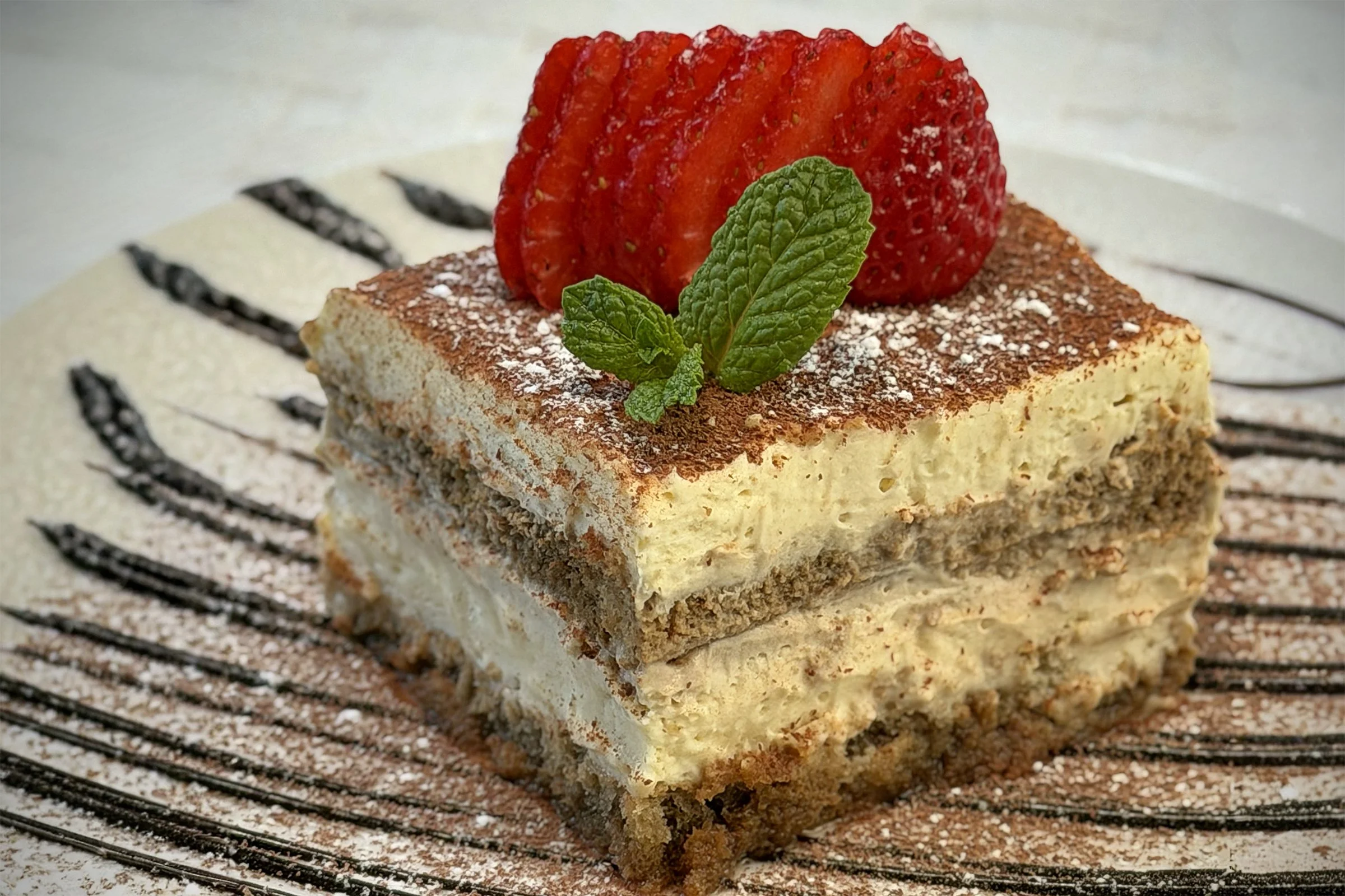 A close-up of a slice of layered tiramisu decorated with a strawberry, mint leaves, and cocoa powder, on a white plate with chocolate drizzle.
