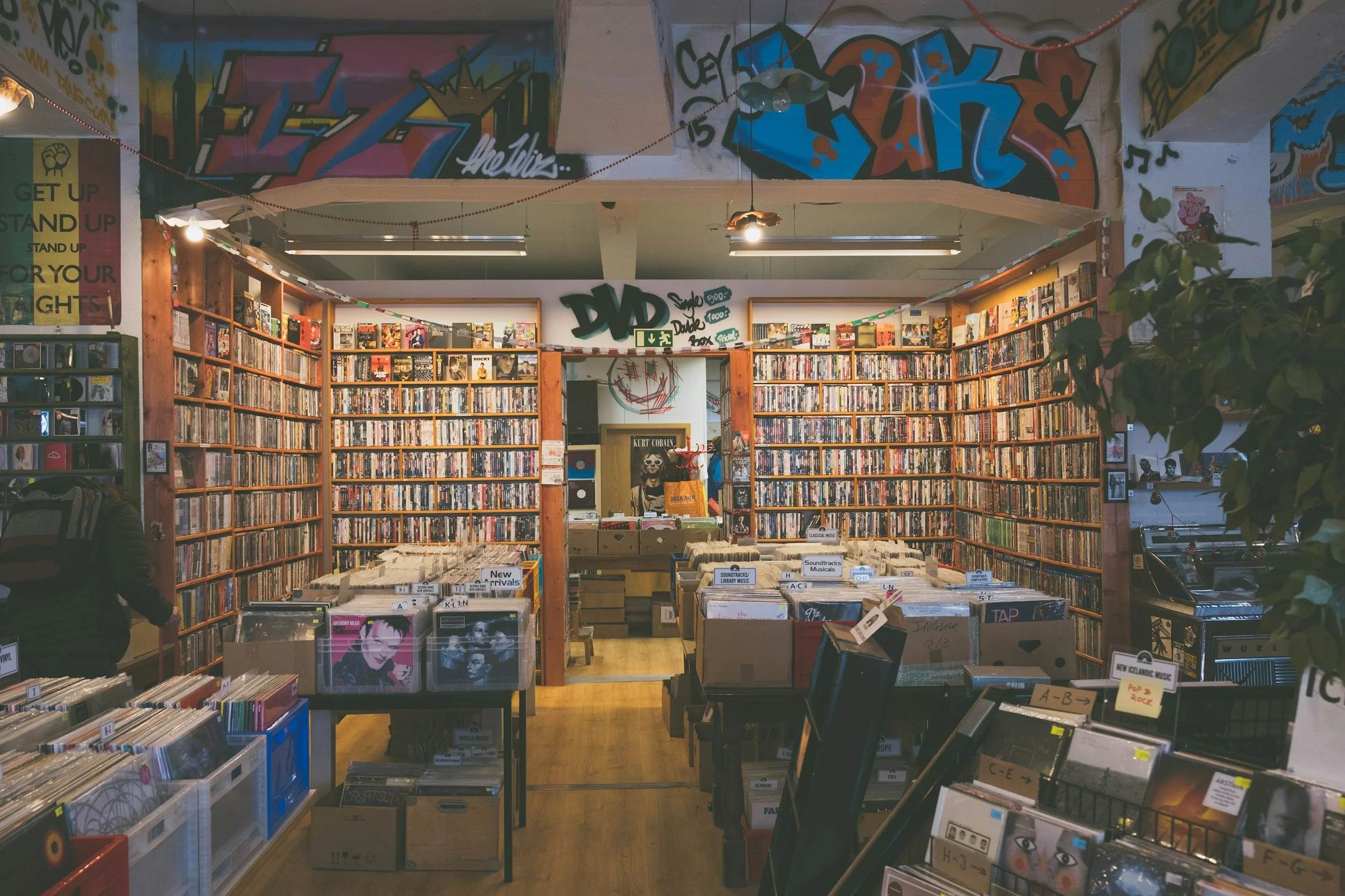 Interior of a record store with shelves filled with vinyl records, colorful graffiti art on the ceiling, and a person browsing in the back.