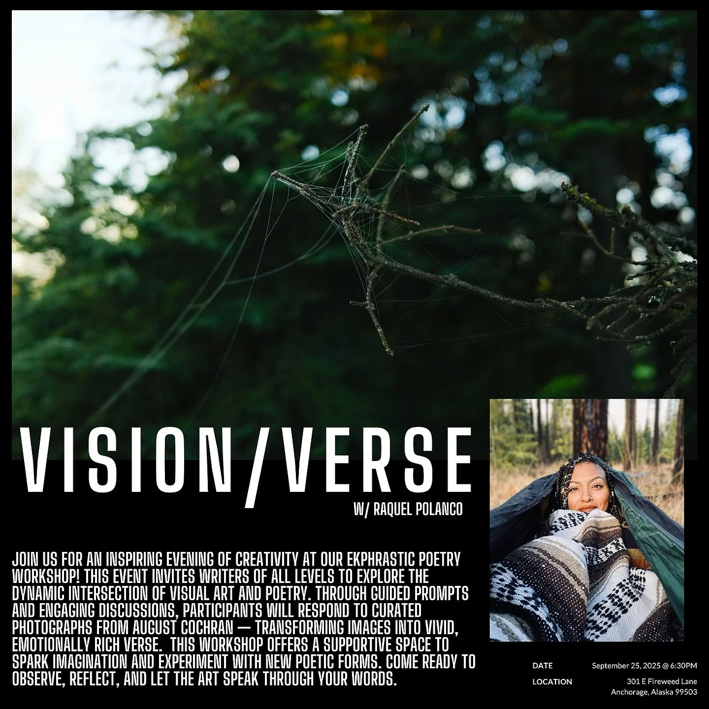 Join us on Saturday, September 25th from 6:30pm to 9:00pm for an ekphrastic poetry writing workshop.

This event invites writers of all levels to explore the dynamic intersection of visual art and poetry. Through guided prompts and engaging discussio