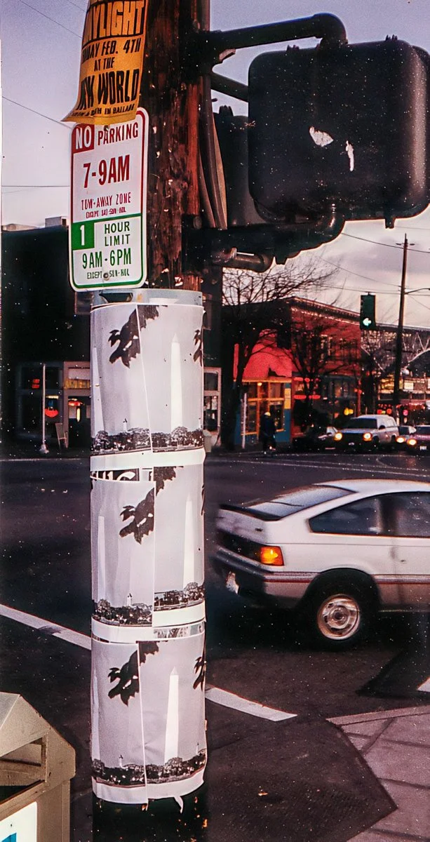 Monuments, photocopied poster on utility pole, Freemont, Seattle, 1993.