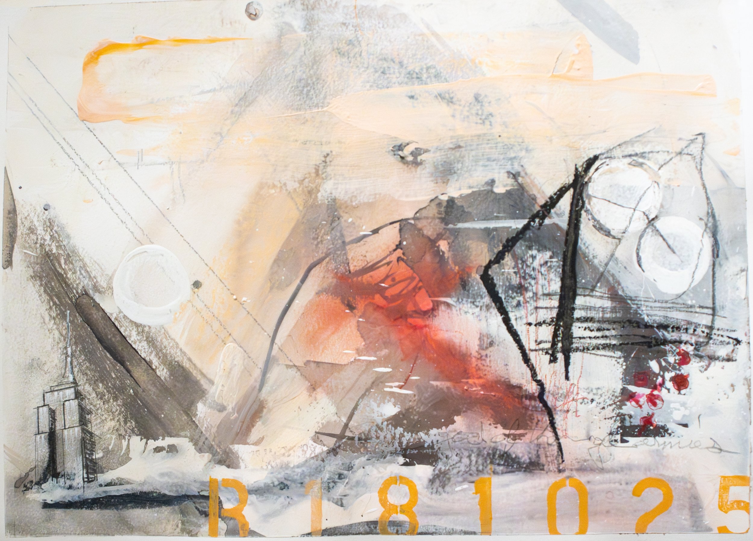 Unstoppable Heart No. R181025, 2025, Ink, acrylic, oil pastel, and graphite on paper, 30,5 x 22,9  cm