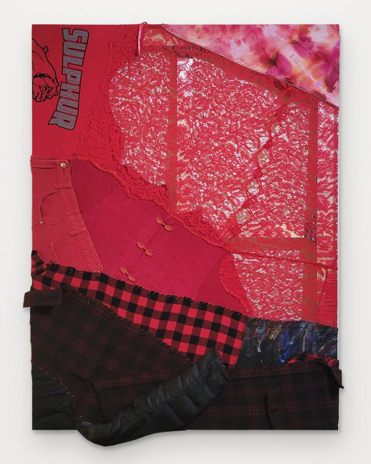 Three Day Weekend RN163017, Stitched reclaimed garments, sashiko thread on aluminum stretcher, 48 x 36 x 1.25 in., 2026