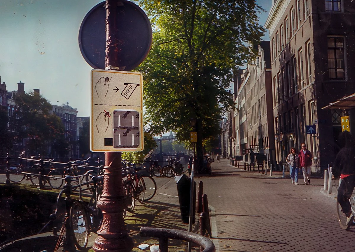 Monuments, photocopied poster on street sign, Amsterdam, Netherlands, 1994.
