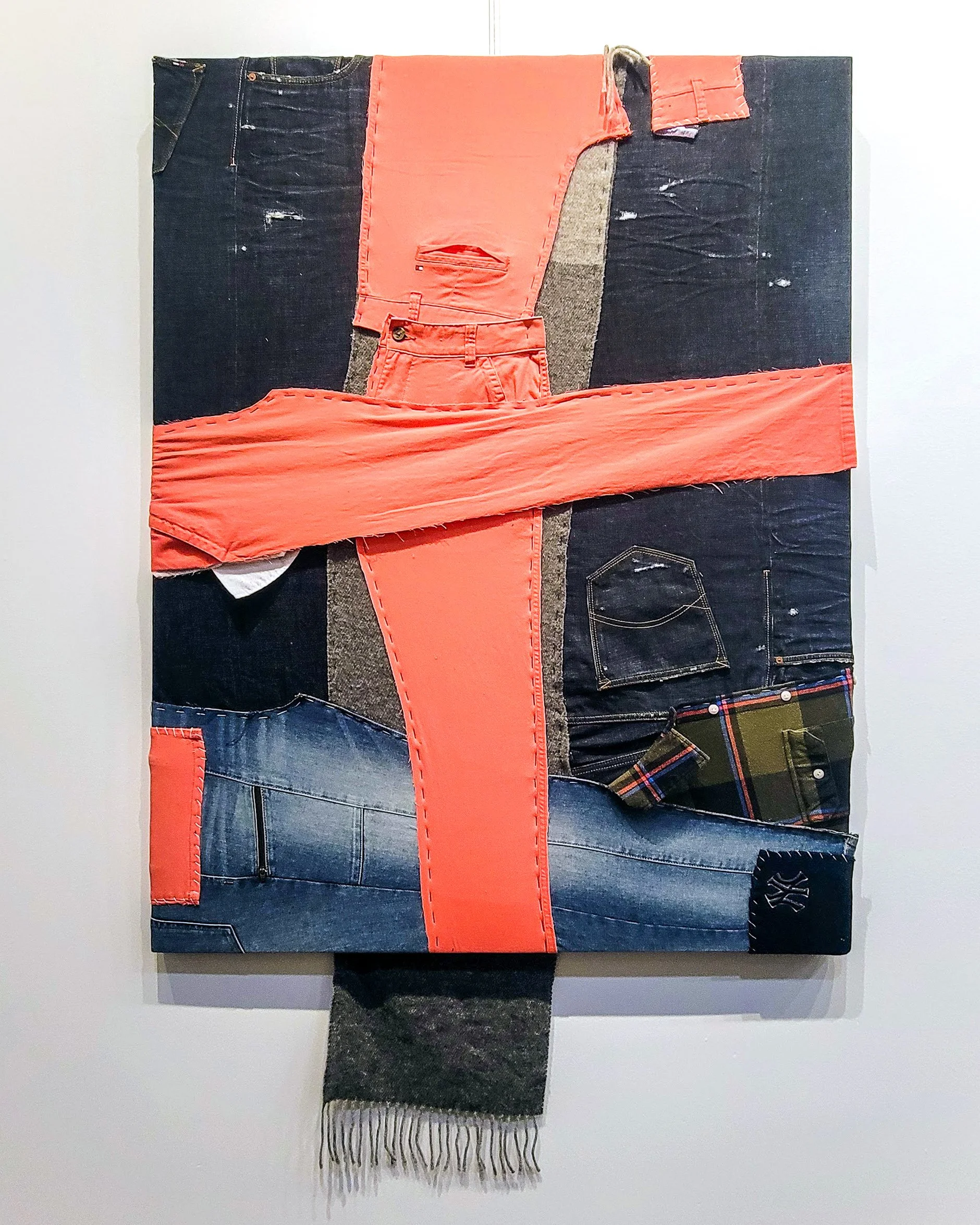 Tell it Slant RLProto26, Stitched reclaimed garments, sashiko thread on aluminum stretcher, 48 x 36 x 1.25 in., 2026